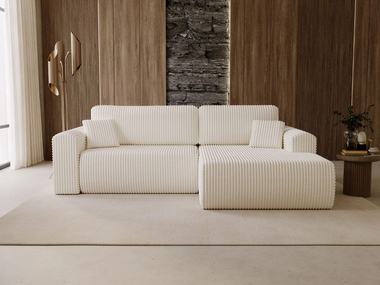 GrainGold Ecksofa mit Schlaffunktion und Bettkasten BELVIO L - 257x177 cm, Creme, Wellenfedern, T30-Schaum, Cord