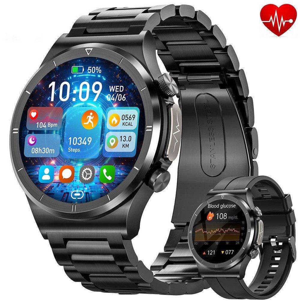 BANLVS Smartwatch Herren mit ʙʟᴜᴛᴢᴜᴄᴋᴇʀ/ECG+PPG/Blutdruck/BMI-Überwachung Smartwatch (3.53 cm/1.39 Zoll, High-Definition-Display) IP68 Wasserdichter Armbanduhr, mit austauschbaren Riemen, ɴɪᴄʜᴛ-ɪɴᴠᴀɪᴠᴇ ʙʟᴜᴛᴢᴜᴄᴋᴇʀᴍᴇᴜɴɢ, 2025 NEW Fitnessuhr mit Herzfrequenz-/SpO2-/Schlafüberwachungsfunktion