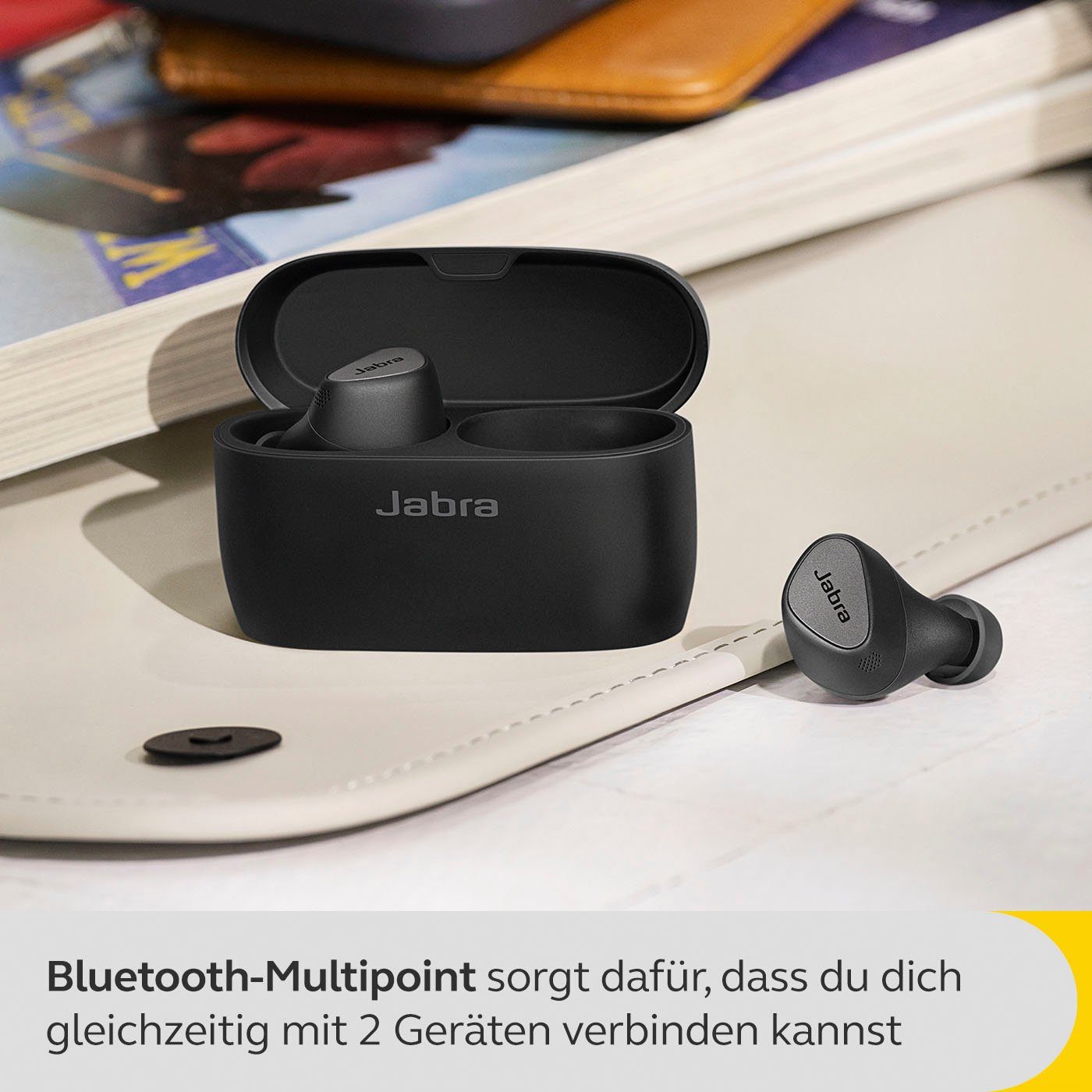 Jabra Elite 5 mit Assistant, wireless hybrider Noise (ANC), Alexa, (ANC) aktiver Siri, Google (Active Cancelling Bluetooth, In-Ear-Kopfhörer Schwarz/silberfarben Geräuschunterdrückung
