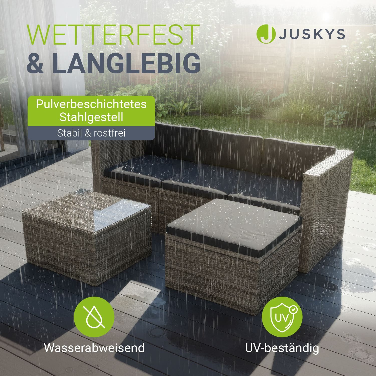 Juskys Gartenlounge-Set Punta Cana, (Set, Sitzgruppe), Polyrattan Sitzgarnitur mit 1 Tisch, 1 Sofa und 1 Hocker