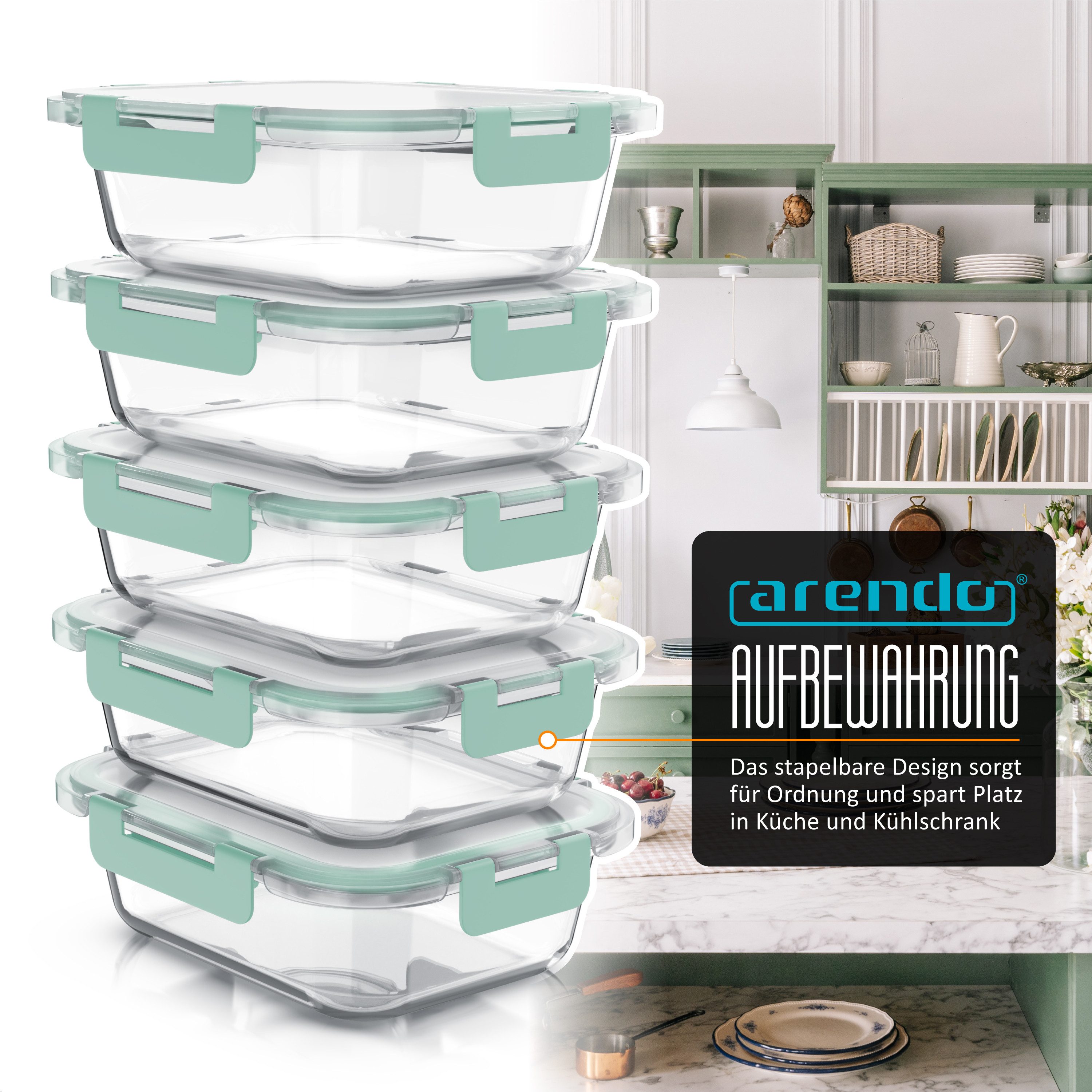 Arendo Frischhaltedose mit Deckel 5er Set, Vorratsdosen, Glas-Lunchboxen, auslaufsicher, Borosilikatglas, Kunststoff, (Set, 5-tlg., 5 x 1050 ml, rechteckig), Mi – Bild 3 von 5