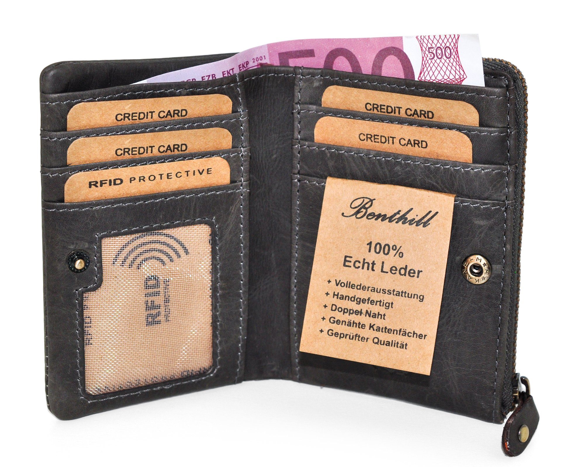 Benthill Geldbörse Klein Echt Schutz Reißverschlussfach RFID-Schutz Slim-Wallet, Grau Kartenfächer RFID Geldbeutel Leder Münzfach 6 Kartenfächer