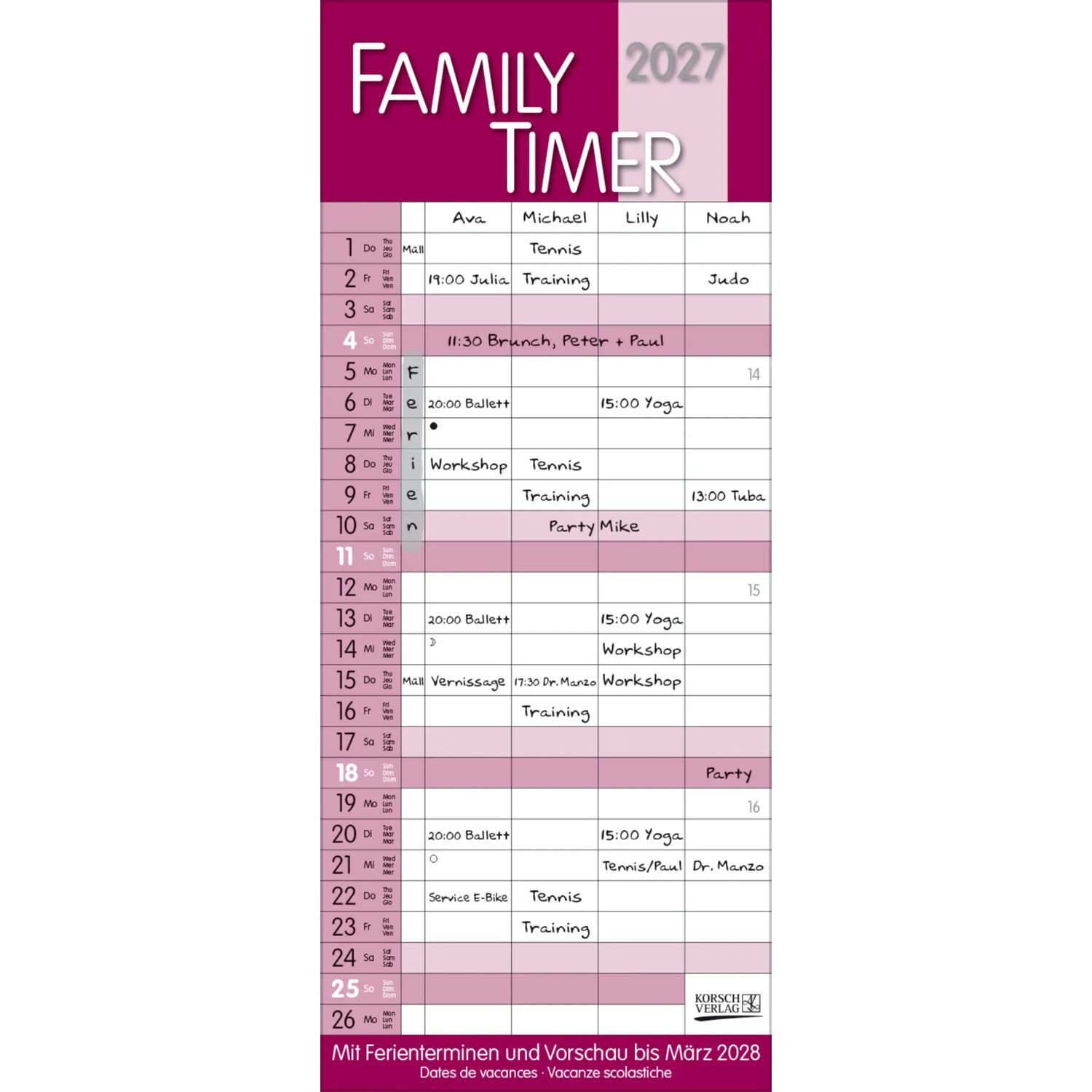 Korsch Verlag Wandkalender Family Timer Malve 2027