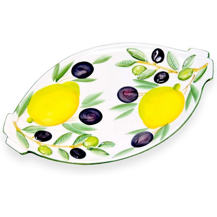 Lashuma Servierteller Zitrone Olive Keramik (1-tlg. 25 x 15 cm) Ovaler Teller zum Servieren von Fleisch - Obst - Aufschnitt