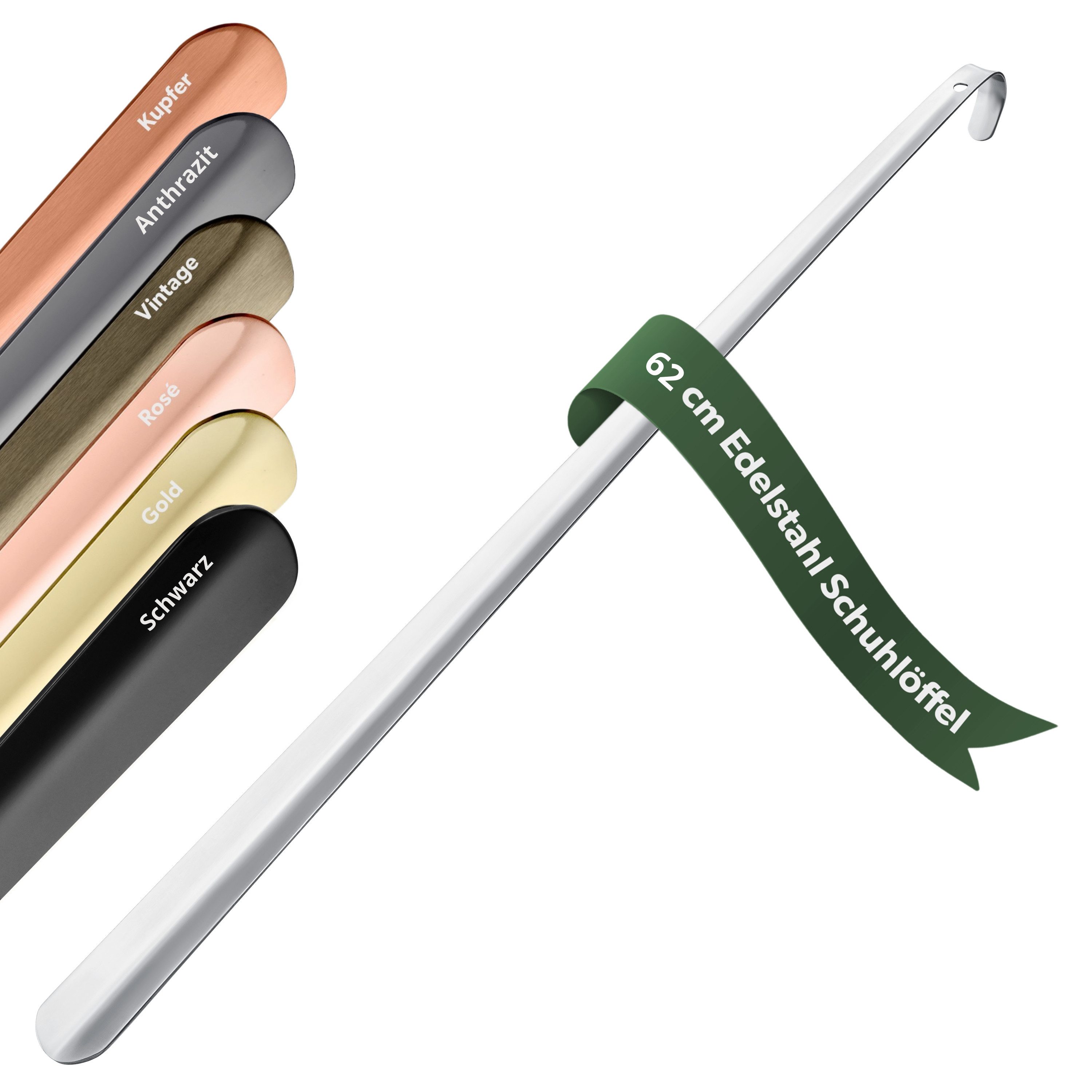 JK Trade Schuhlöffel 62cm Edelstahl poliert (1-tlg., extra lang & stabil), Metall Schuhanzieher lang zum Stehen, Aufhängbar, 2mm Extra Stabil