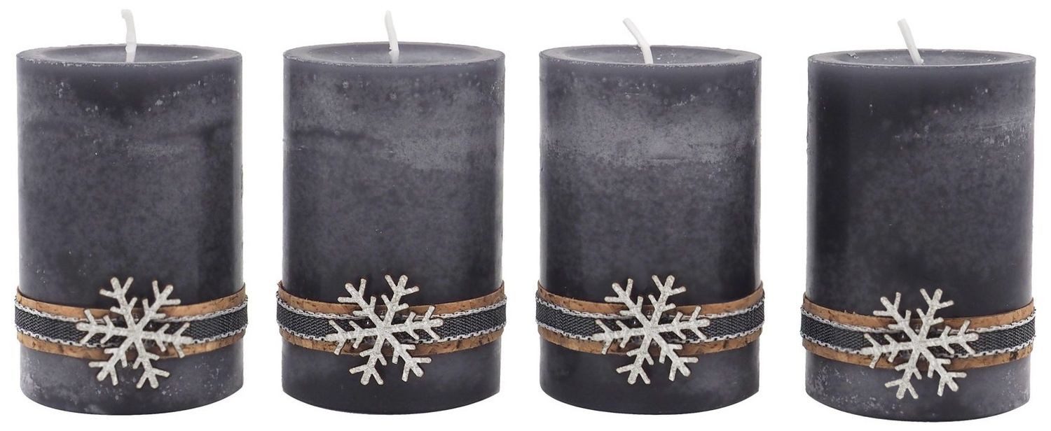 ZauberDeko Stumpenkerze 4 Adventskerzen Stumpenkerze Grau Silber Holz Weihnachten Advent Deko