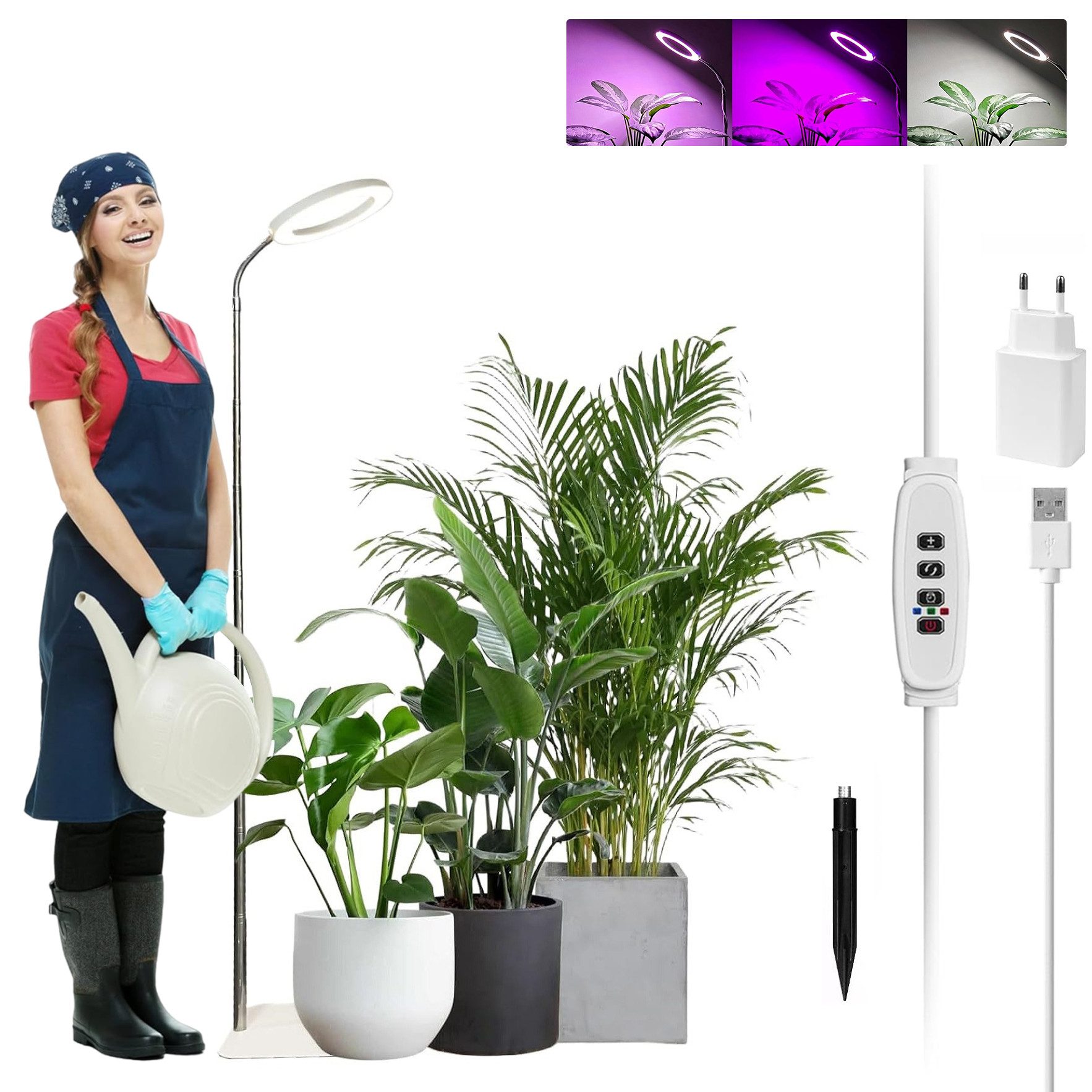 LMaxhome Pflanzenlampe LED Vollspektrum Wachstumslicht 25-155CM Höhenverstellbar mit 72 LEDs, mit EU-Adapter, LED wechselbar, 3 Licht-Modi, 10 Helligkeit Dimmbar, 3/9/12H Timer, 1000lm, Verstellbare Höhe, mit Sockel und Erdspieß, Pflanzenlicht für Große Pflanzen, Garten, Gewächshäuser