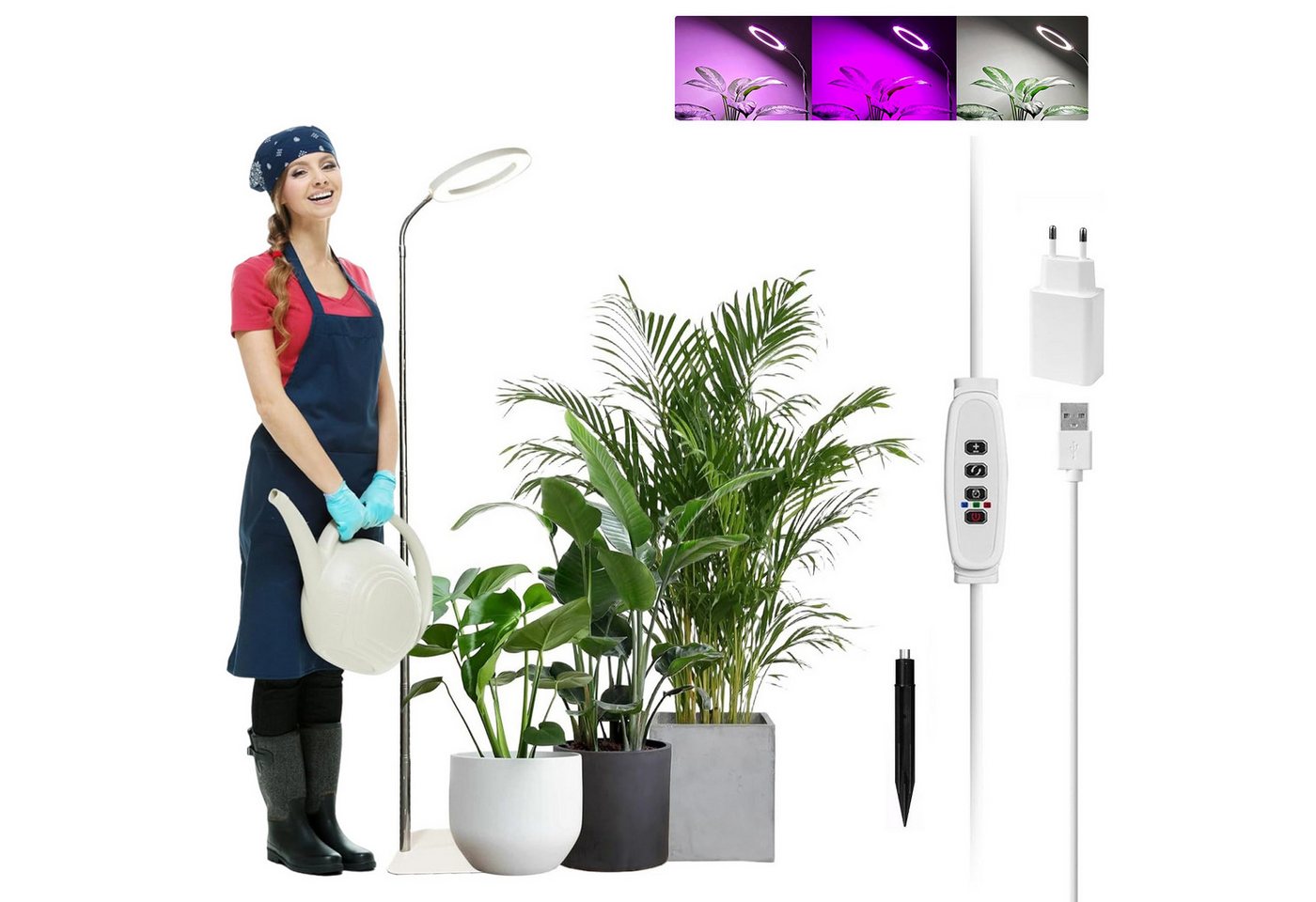 LMaxhome Pflanzenlampe LED Vollspektrum Wachstumslicht 25-155CM Höhenverstellbar mit 72 LEDs, mit EU-Adapter, LED wechselbar, 3 Licht-Modi, 10 Helligkeit Dimmbar, 3/9/12H Timer, 1000lm, Verstellbare Höhe, mit Sockel und Erdspieß, Pflanzenlicht für Große P