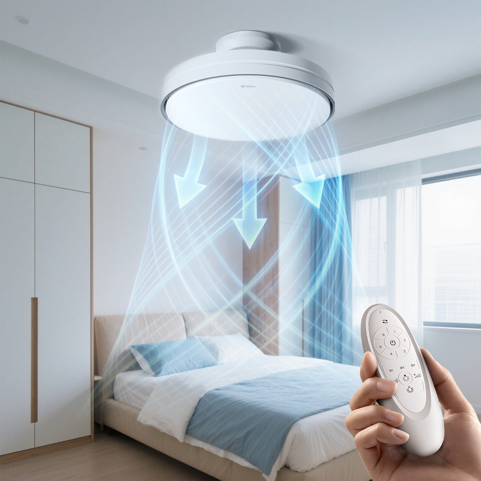 GONEO Deckenventilator mit Beleuchtung, Flügelloses Design, Leise, Mit Fernbedienung, 3 Farbtemperatur, 6 Geschwindigkeiten, Timer