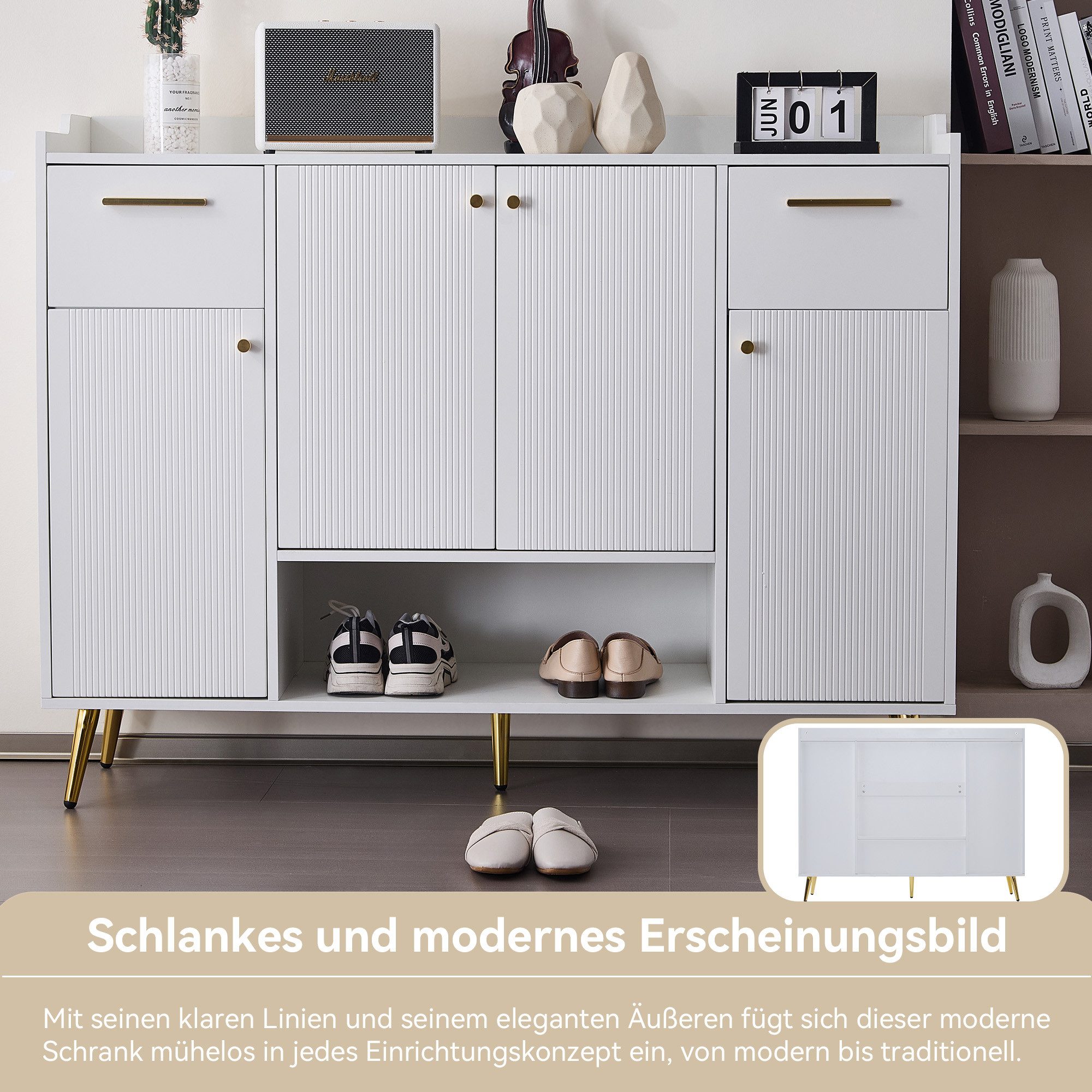 Flieks Schuhschrank Schuhkommode mit 2 Schubladen und 4 Türen (1-St., B130/W37/H100 cm) Schuhregal mit vertellbare Einlegeböden und 8 Fächern, Metallbeine – Bild 5 von 5