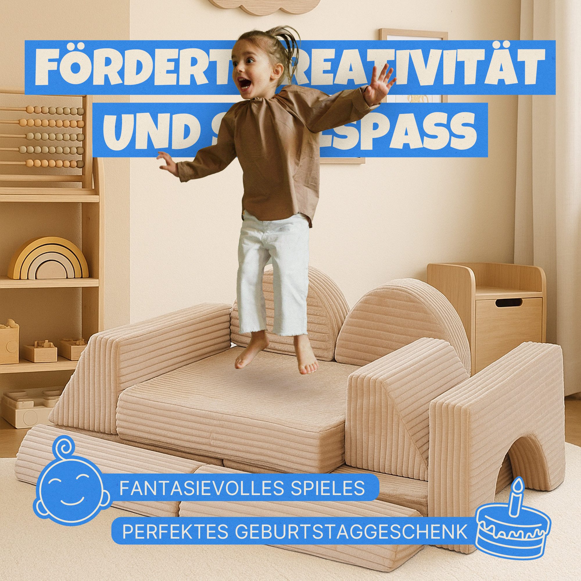 Bestlivings Kindersofa modulares Spielsofa aus Cord, 11 Teile, Schaumstoff, formstabil, erweiterbar, mit waschbarem Bezug