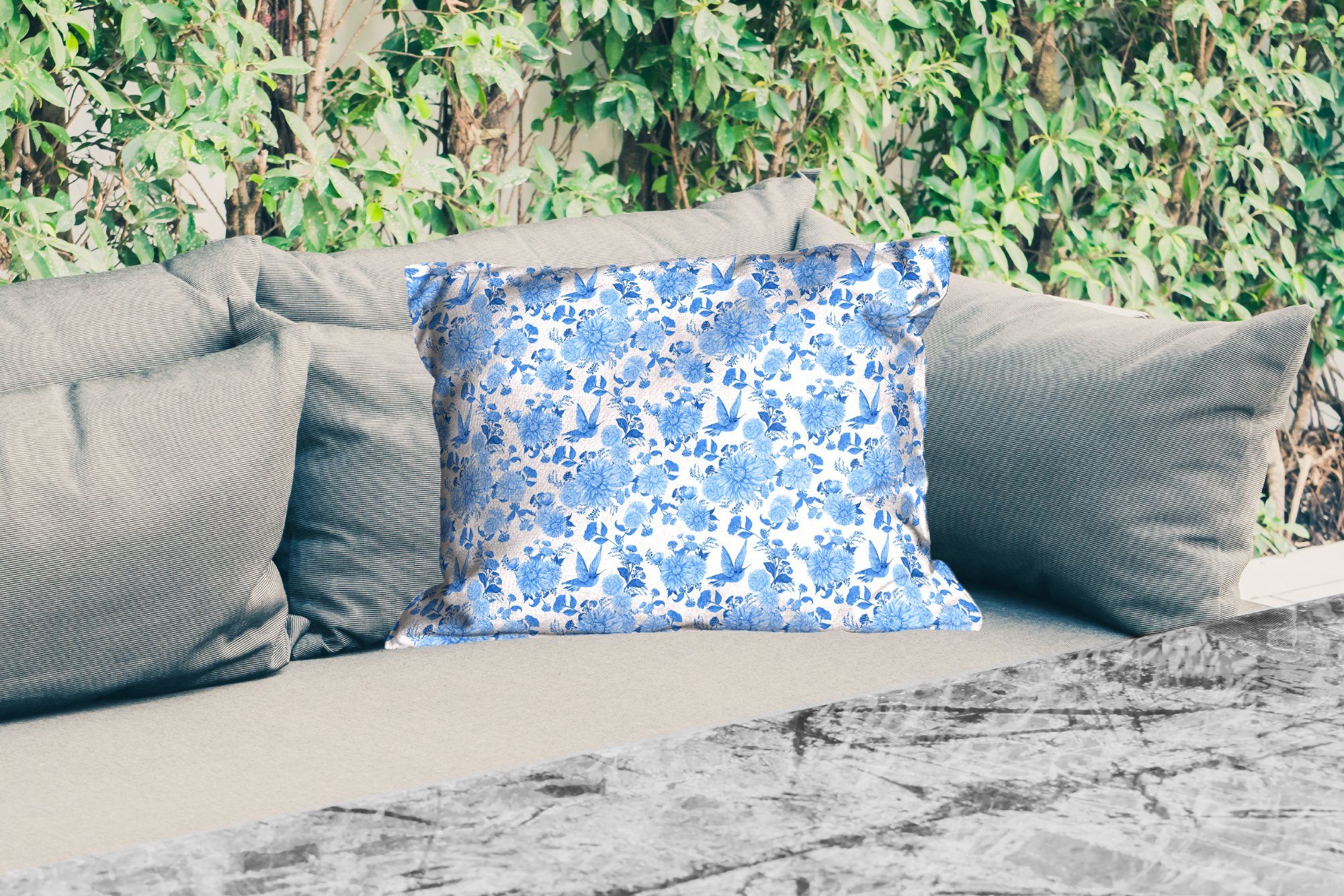Muster MuchoWow - Polyester, Outdoor-Dekorationskissen, - Dekokissen Dekokissenbezug, Blau, Blumen Kissenhülle