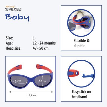 ActiveSol SUNGLASSES Sonnenbrille Baby 0-24 Monate (in bunten Farben & mit pfiffigen Motiven) Polarisiert, BPA-frei, mit Kopfband