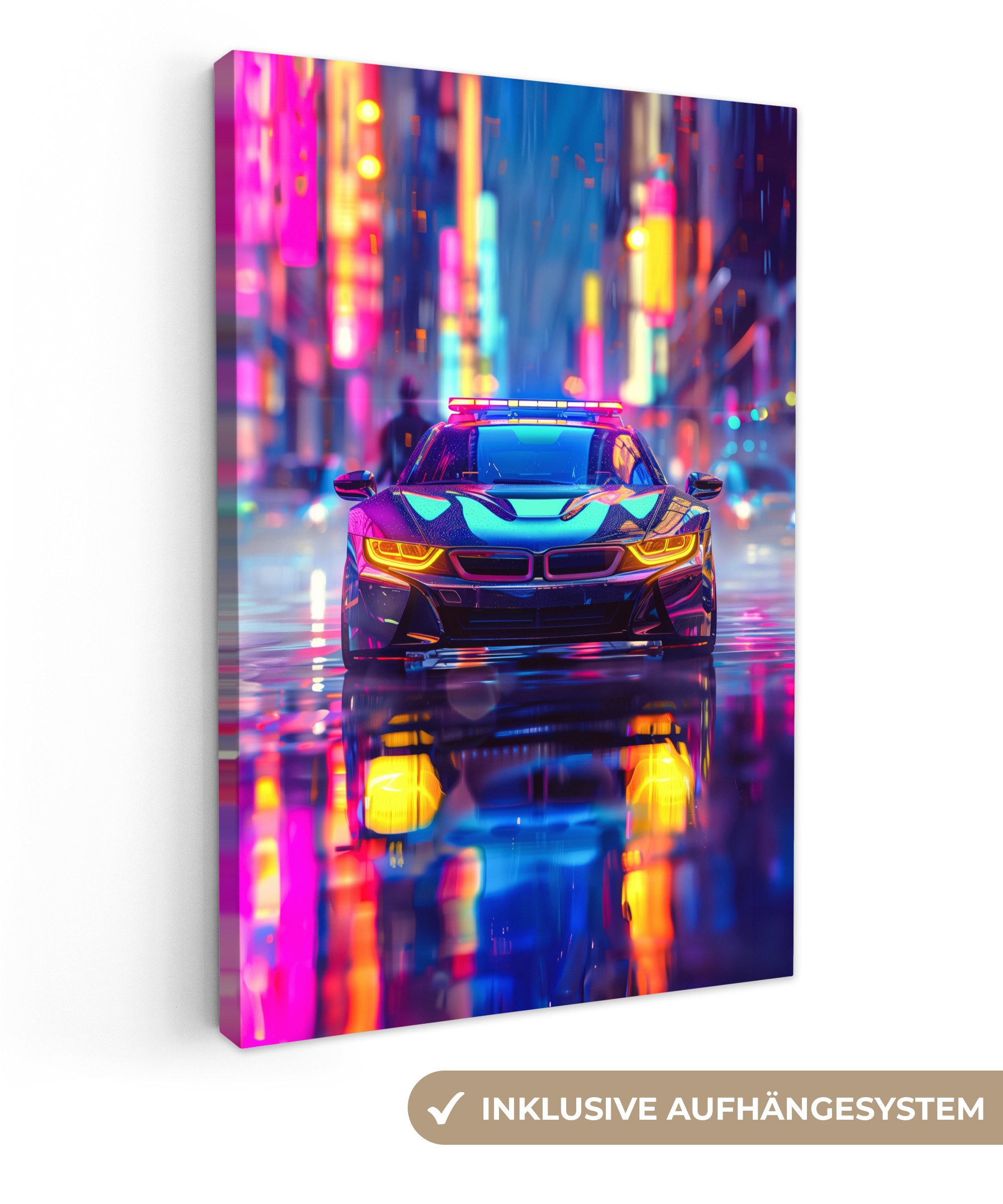 OneMillionCanvasses® Leinwandbild Auto - Polizei - Stadt - Jungen - Farbenfroh, Fotodruck (1 St), Teenager Zimmer Bild, Jugendzimmer Deko, Kinder Wanddeko, 20x30 cm