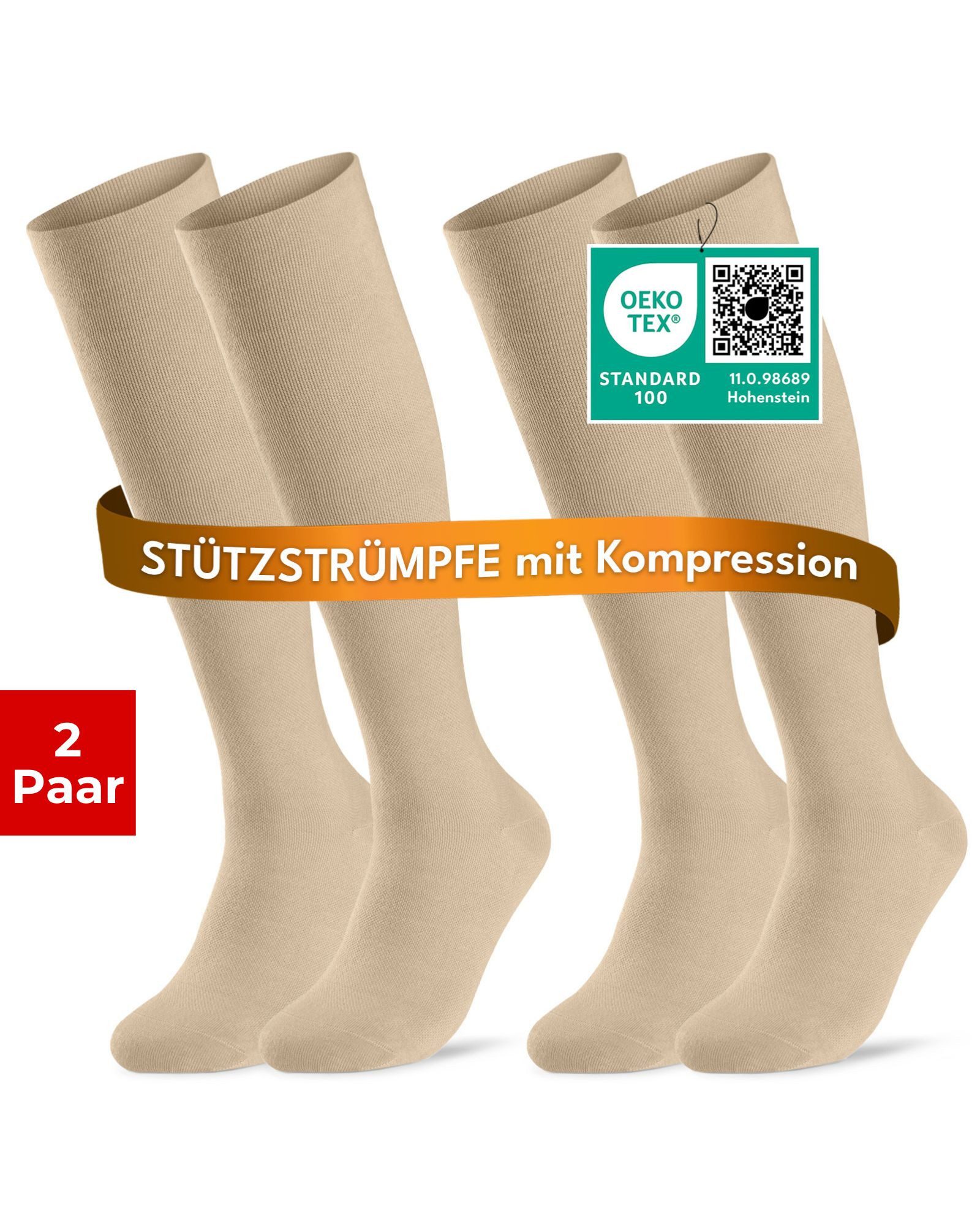 sockenkauf24 Stützkniestrümpfe Kompressionsstrümpfe Reisestrümpfe Stützstrümpfe mit Kompression (Natur, 2-Paar, 39-42) aus Baumwolle für Damen & Herren mit Komfortbund