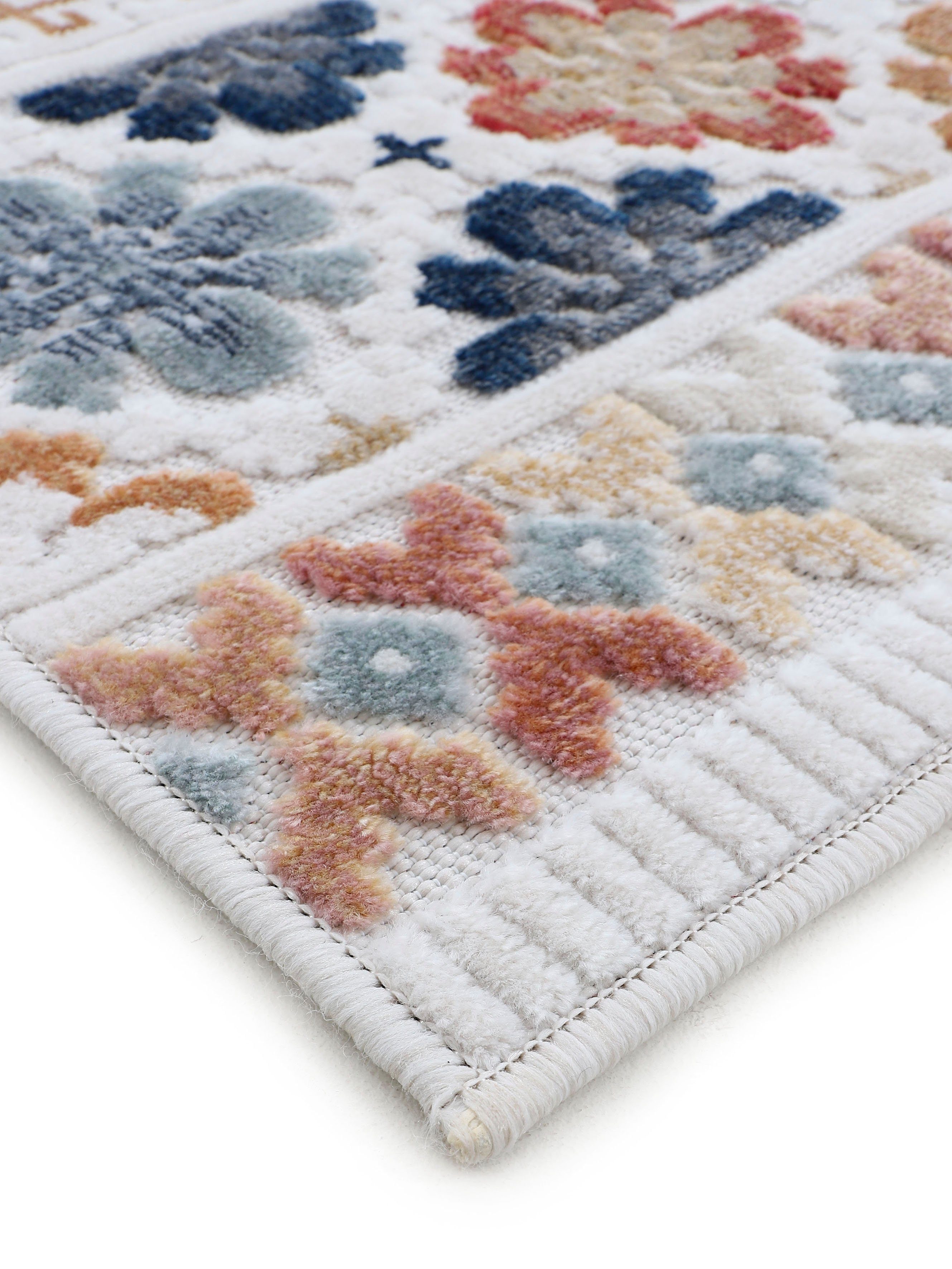 Teppich Deja 103, carpetfine, rund, Flachgewebe, robustes beige Palmenblätter, Effekt Motiv- Hoch-Tief 4 Höhe: mm, Floral