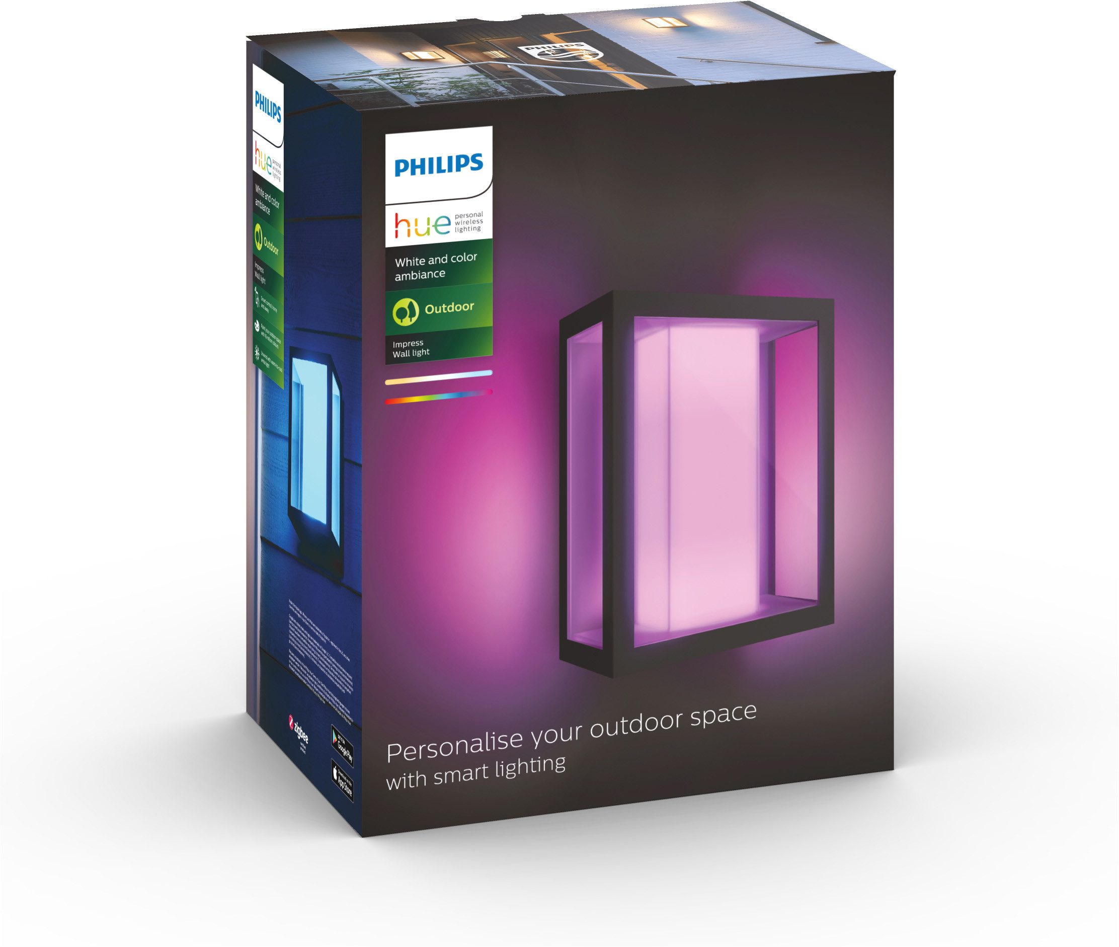 Philips Hue LED Außen-Wandleuchte Outdoor White & Color Ambiance Impress breit Hochvolt, Abschaltautomatik, Bluetooth, CCT - über Fernbedienung, Dimmfunktion, Einschlafhilfe, Farbsteuerung, Farbwechsel, Memory, nach Trennung vom Netz, Nachtlichtfunktion, RGB, Smart Home, Timerfunktion, Weckerfunktion, dimmbar über Fernbedienung, mehrere Helligkeitsstufen, LED fest integriert, Farbwechsler, RGB, warmweiß - kaltweiß, Steuerbar per App und Stimme, Smart Home fähig, Farbfähig und Weißtöne