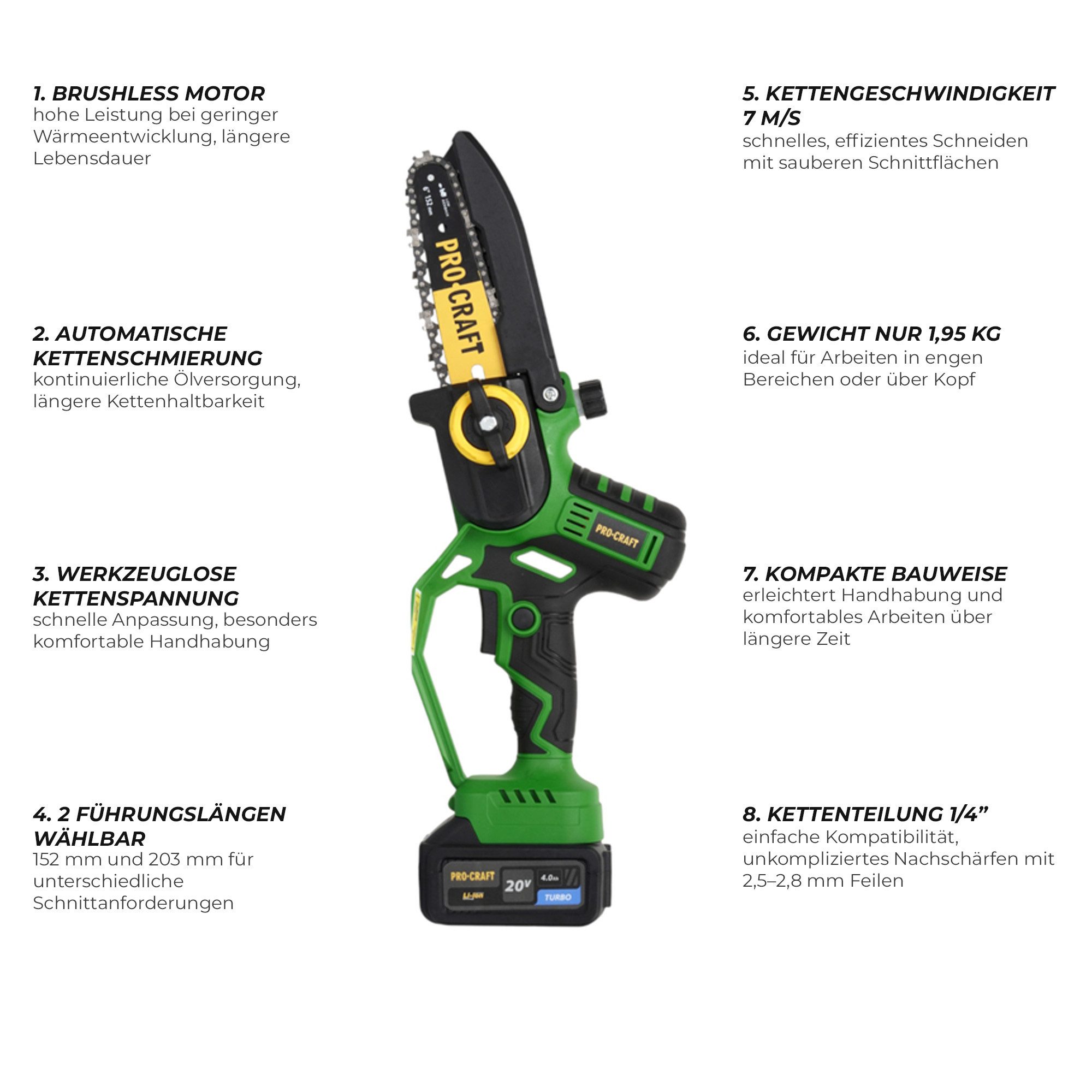PRO CRAFT Akku-Kettensäge PKA32Li Akku Kettensäge 20 V 203 mm Brushless + 1x Akku 4,0 Ah