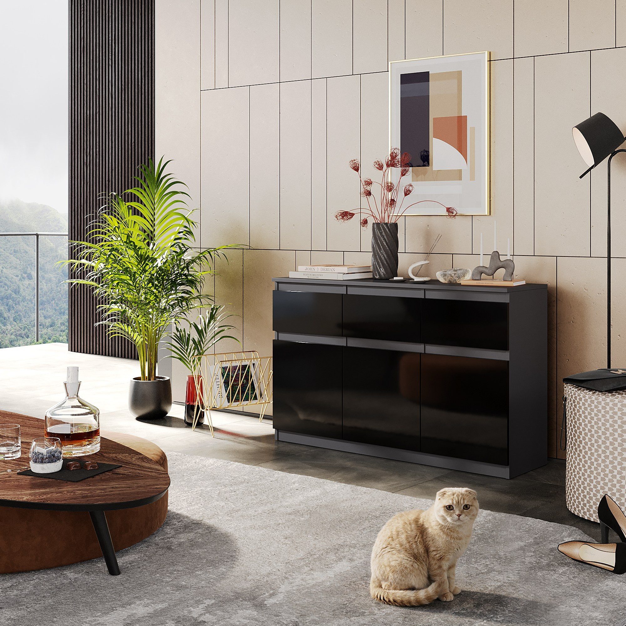 Furnica Kommode Sideboard NOAH 120cm - Anthrazit Grau / Schwarz Hochglanz