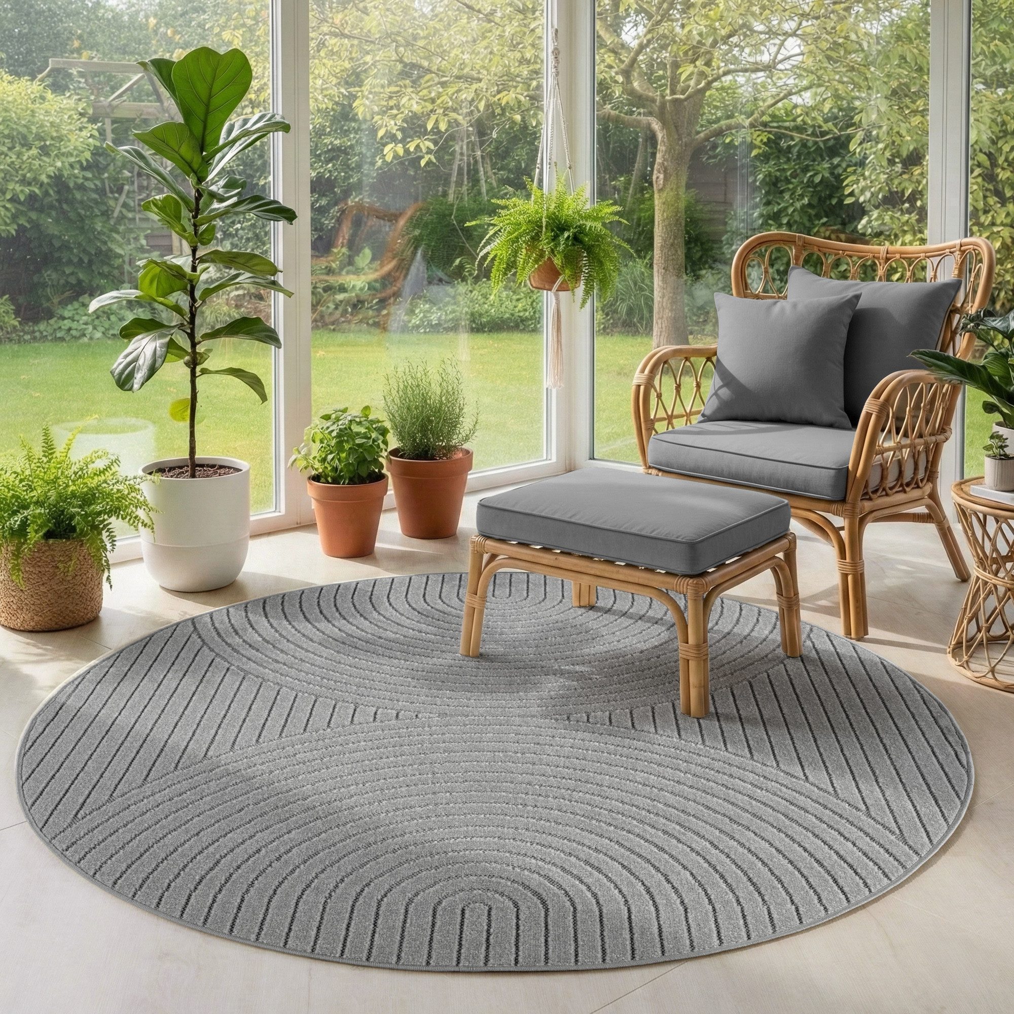 SIMPEX24 Outdoorteppich Skandinavischer 3D Design, Rund, Höhe: 5 mm, Outdoor Teppich Wetterfest Modern Wohnzimmer Küchen Terrasse Balkon