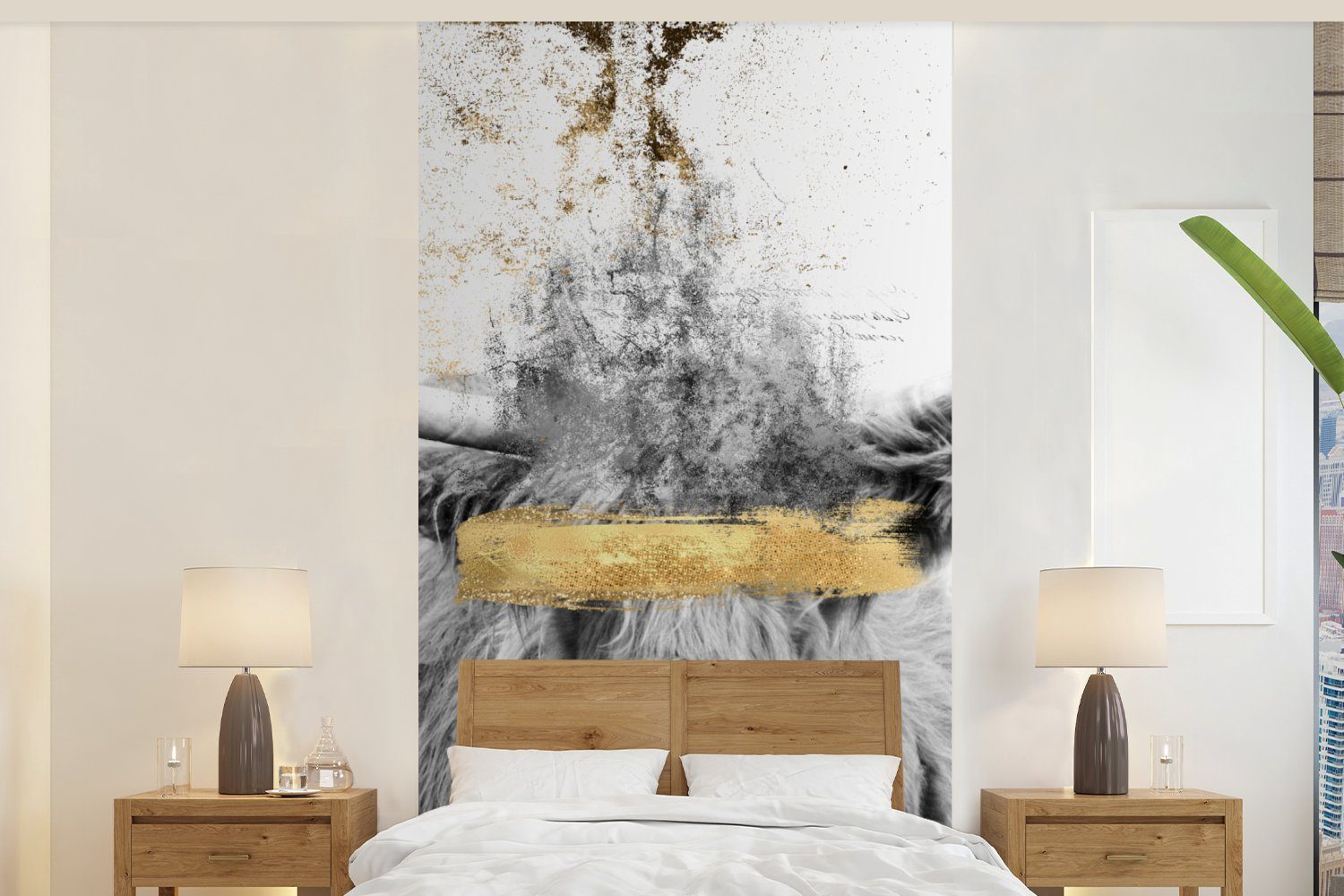MuchoWow Fototapete Schottischer Highlander - Gold - Abstrakt, Matt, bedruckt, (2 St), Vliestapete für Wohnzimmer Schlafzimmer Küche, Fototapete