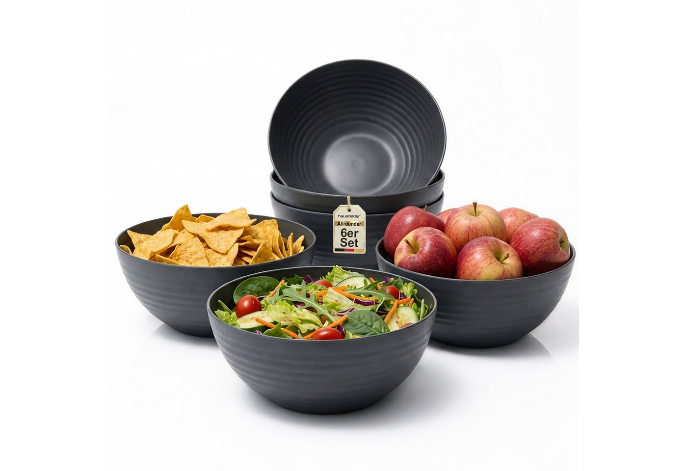 Hausfelder Servierschüssel Schüssel Set 6 x 3,3 Liter (Anthrazit Schwarz), Kunststoff, (6er Set, 6-tlg), spülmaschinengeeignet, BPA-frei, bruchfest, Wellen-Design