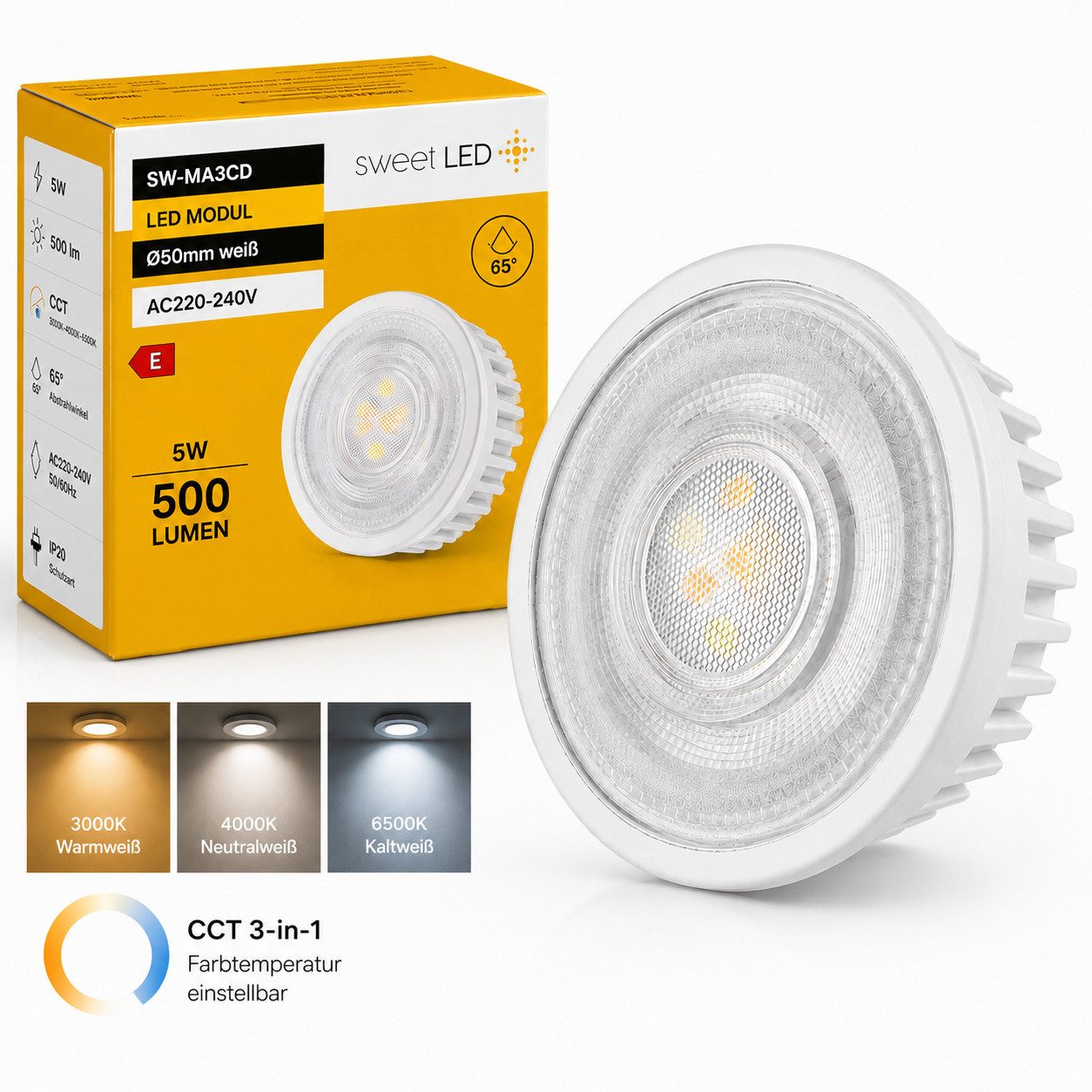 Sweet LED LED-Leuchtmittel 5W 230V CCT Dimmbar 500lm LED Modul 3000K 4000K 6500K Flach Ø50mm