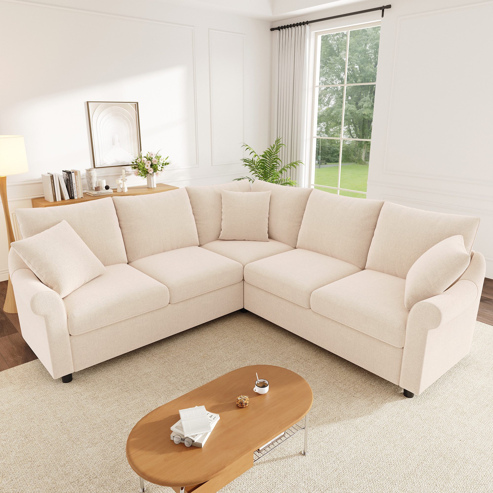 Flieks Ecksofa L-Form Couch mit Schlaffunktion 5-Sitzer Sofa aus Chenille-Stoff, 217×217×83 cm 1 Teile, Modulares Sofa mit 3 Zierkissen, Federkern für Wohnzimmer Beige
