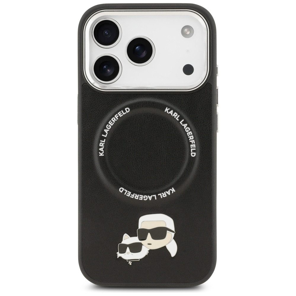 KARL LAGERFELD Handyhülle iPhone 17 Pro Max MagSafe Kunstleder Metall Pin schwarz 6,9 Zoll, Kantenschutz