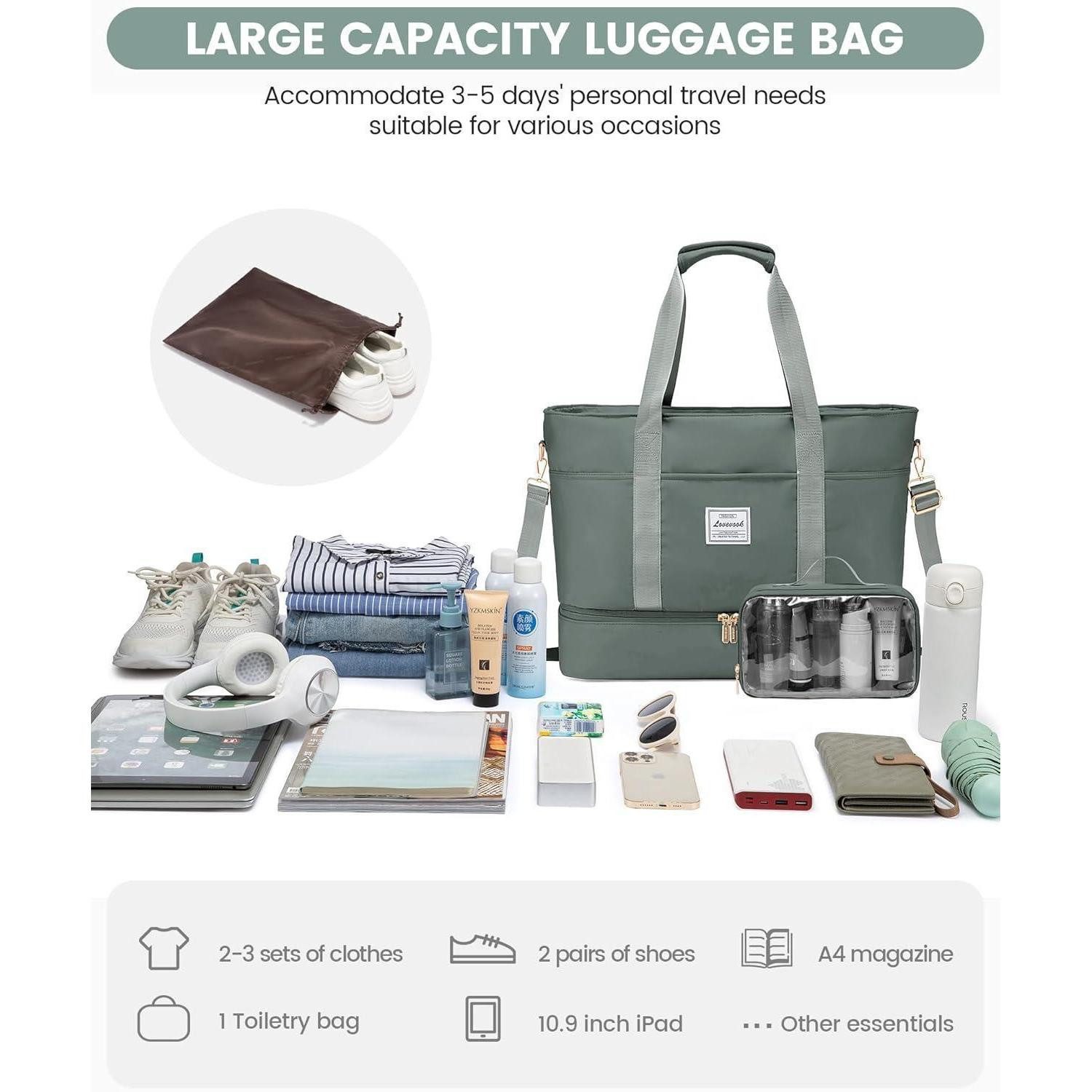 LuxusKollektion Weekender Reisetasche Damen Wasserdicht Weekender Schuhfach 52L Graugrün