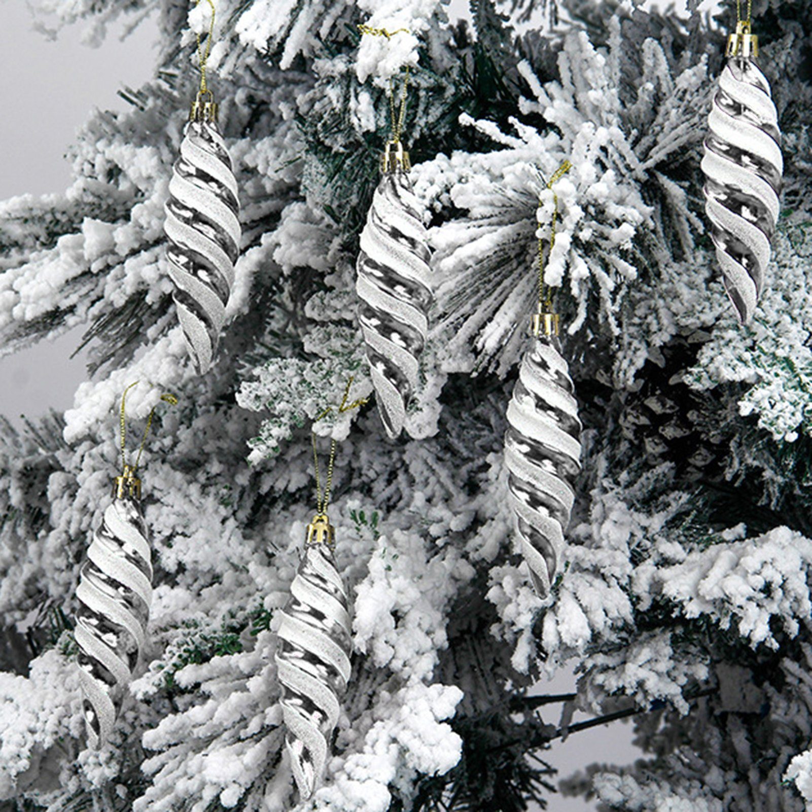 Rutaqian Dekohänger 12 Stück Weihnachtsbaum-Anhänger Spitzer Spiralfaden Hängedekoration (Bemalte Spiralanhänger mit Schlüsselbändern Leuchtende Farben) Silber