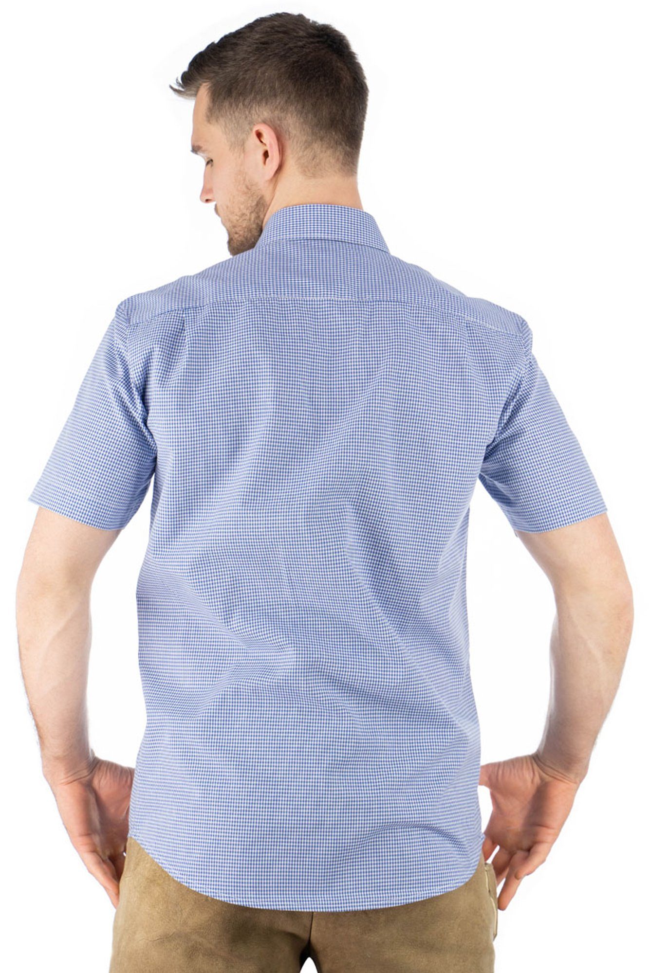 der Weonys Trachtenhemd Knopfleiste OS-Trachten Edelweiß-Stickerei mit auf Paspeltasche, mittelblau Kurzarmhemd