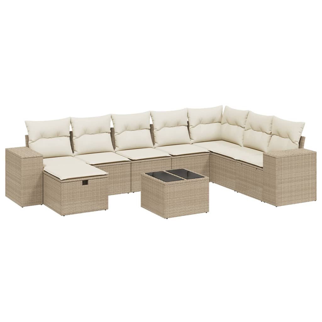 Gartenlounge-Set 9-tlg. Garten-Sofagarnitur mit Kissen Beige Poly Rattan