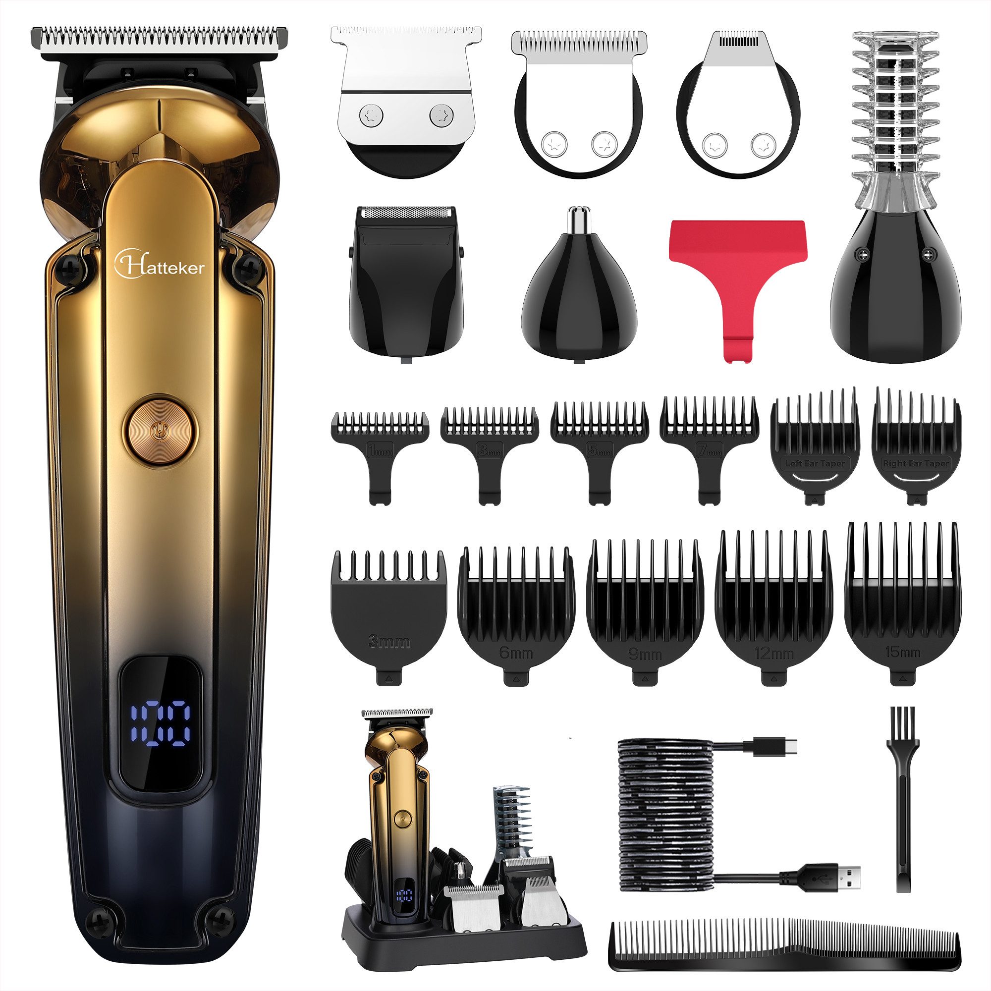 HATTEKER Haar- und Bartschneider HT-6168, Körperhaartrimmer, Wasserdicht, 6 in 1, Gold
