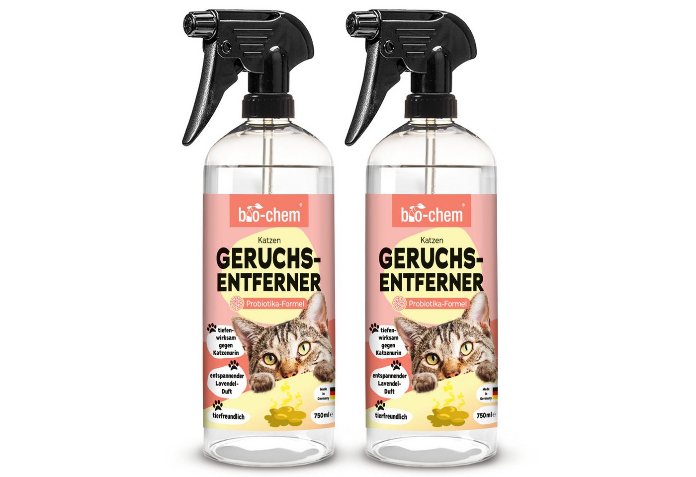 bio-chem Geruchsentferner Enzymreiniger Katzenurin 750 ml mit Mikroorganismen gegen Tiergerüche (2x Geruchsentferner Katze 0.75 l Handsprayflasche)