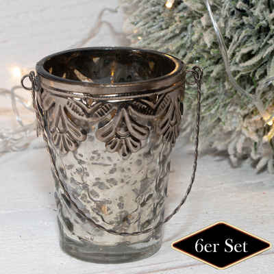 Antikas Weihnachtsfigur Teelichthalterset, Ornament, 6er Set, Glas, weiß, Silber, H10,0xB9,0