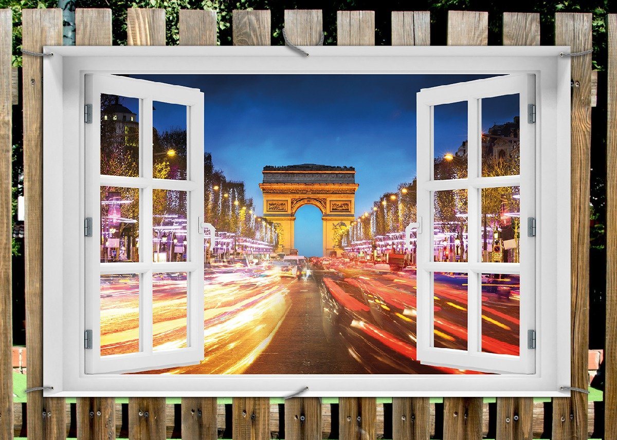 Thumbnail - Wallario Sichtschutzzaunmatten Arc de triomphe in Paris bei Nacht, mit Fenster-Illusion