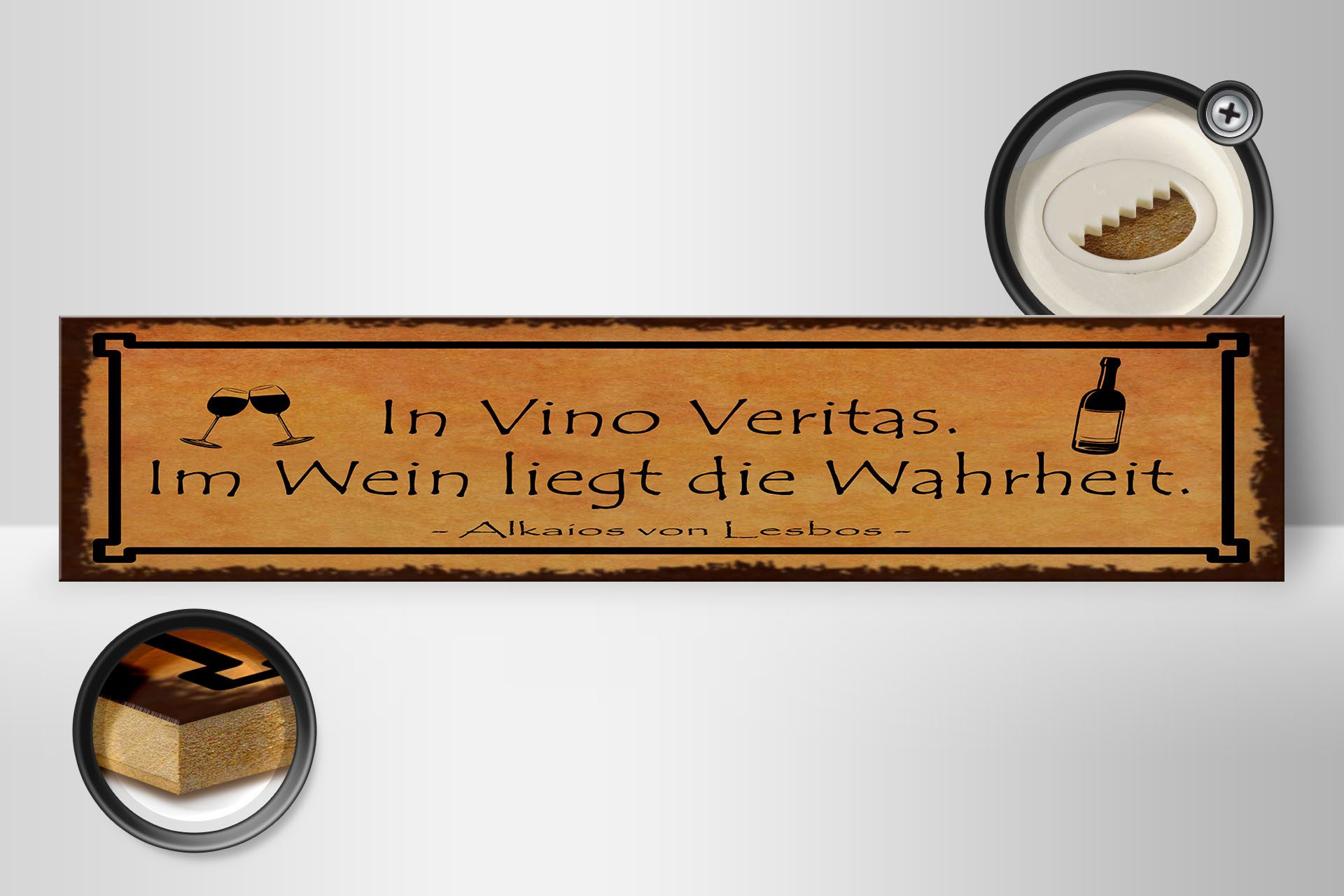 Femer GmbH Holzbild Spruch 46x10 cm In Vino Veritas Wein Wahrheit, (1 St), Glatte Holzfaserplatte (MDF), vorn beschichtet