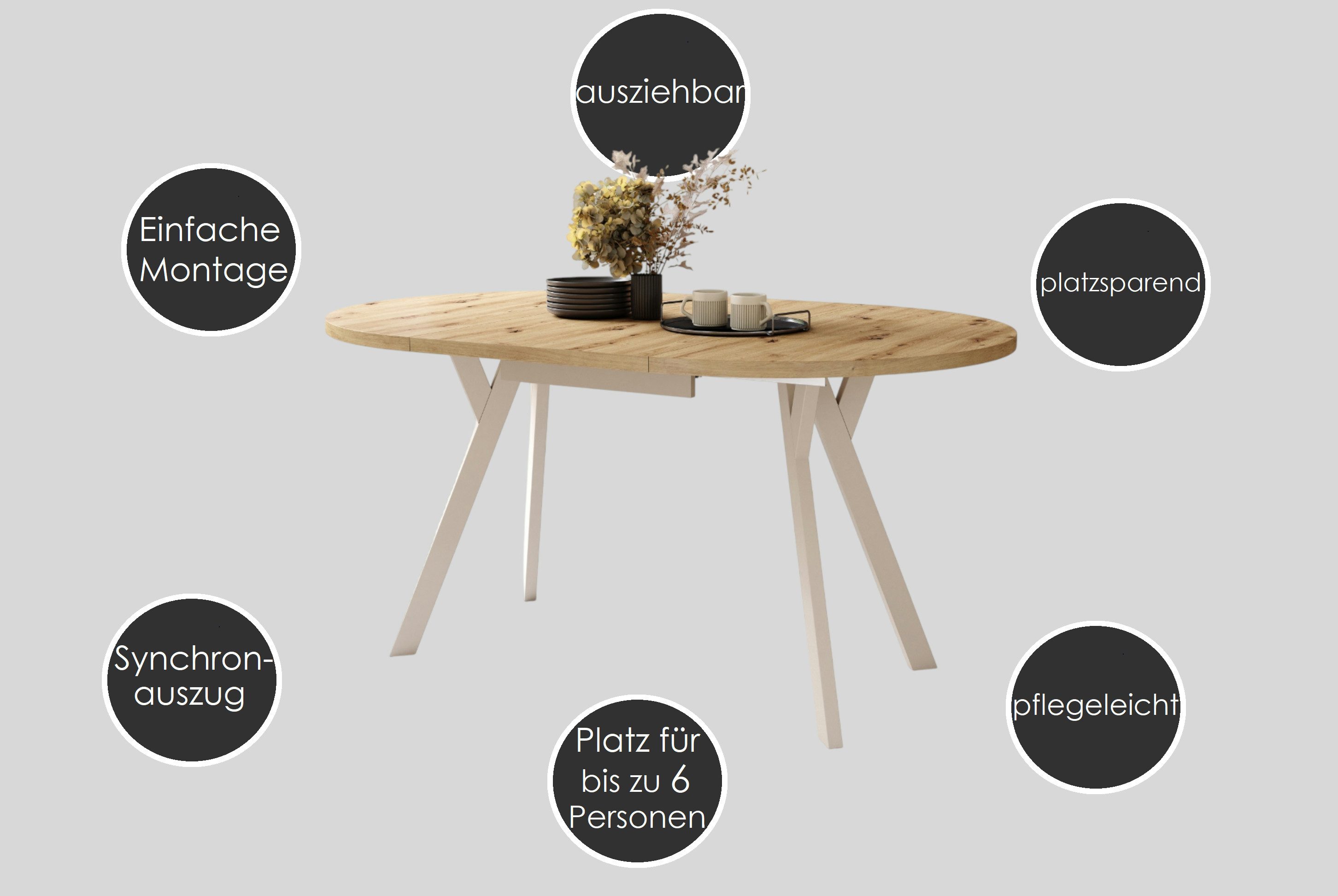 designimpex Esstisch Design Esstisch Almo ausziehbar 90 cm bis 145 cm rund Esszimmer Tisch, Esstisch, Esszimmertisch, Tisch, Ausziehtisch, Küchentisch, Esszimme – Bild 4 von 5