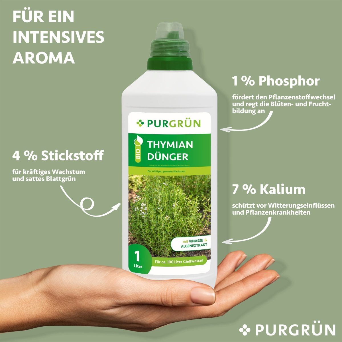 Thumbnail - Purgrün Kräuterdünger Purgrün Bio Thymian Dünger, NPK 4+1+7, Algenextrakt, 1 Liter, Flüssigdünger, extra Kalium stärkt d...