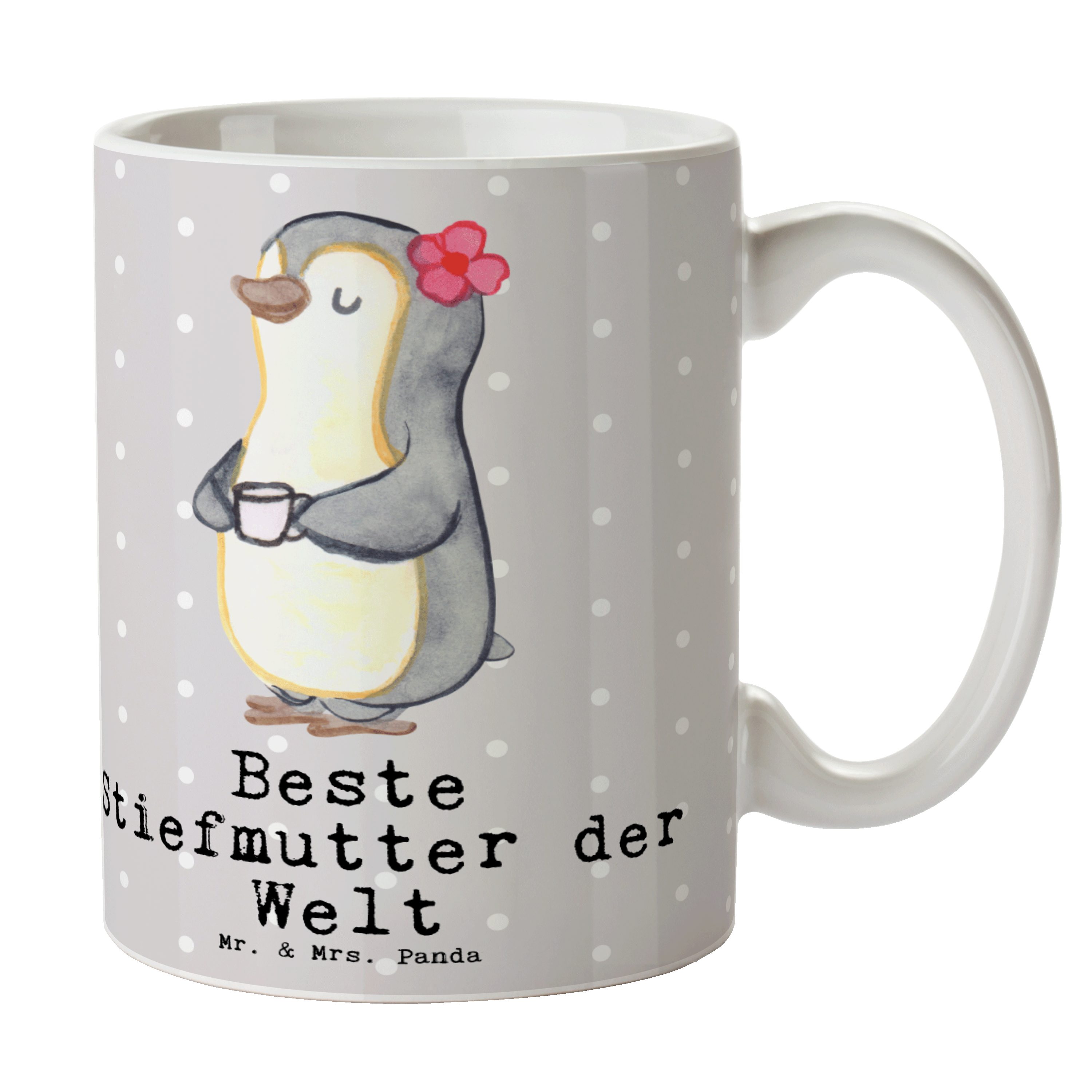 Mr. & Mrs. Panda Tasse Pinguin Beste Stiefmutter der Welt - Grau Pastell - Geschenk, Kaffeeb, Keramik