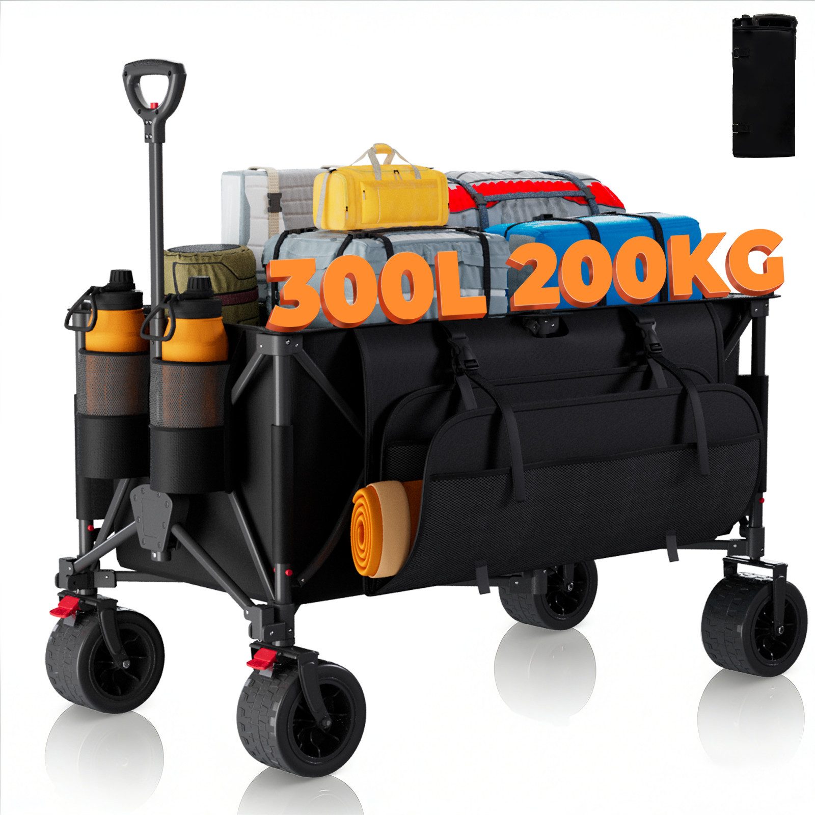 GUNJI Bollerwagen Klappbarer Wagen mit PVC-Reifen Campingwagen Tragfähigkeit 200KG (Reifen können um 360 Grad gedreht werden, mit Bremse, Kapazität 332L, geeignet für Picknick, Party, Strand, Camping)