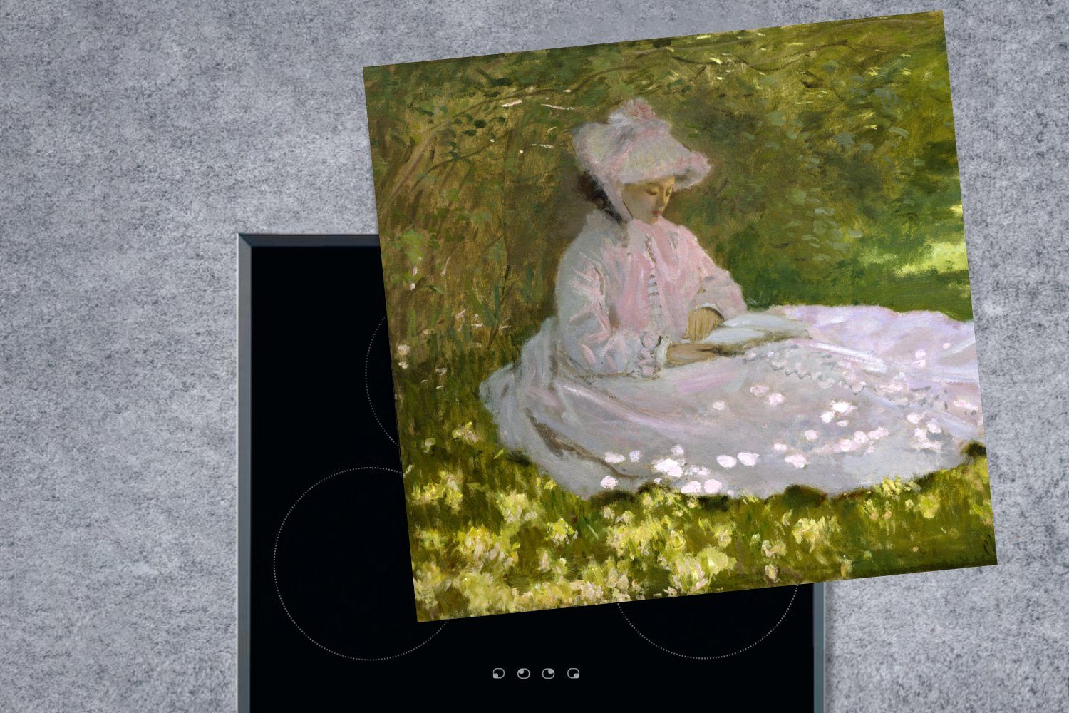 Frau 78x78 Vinyl, küche (1 MuchoWow Lesende - Ceranfeldabdeckung, Monet, Arbeitsplatte cm, für tlg), Herdblende-/Abdeckplatte Claude