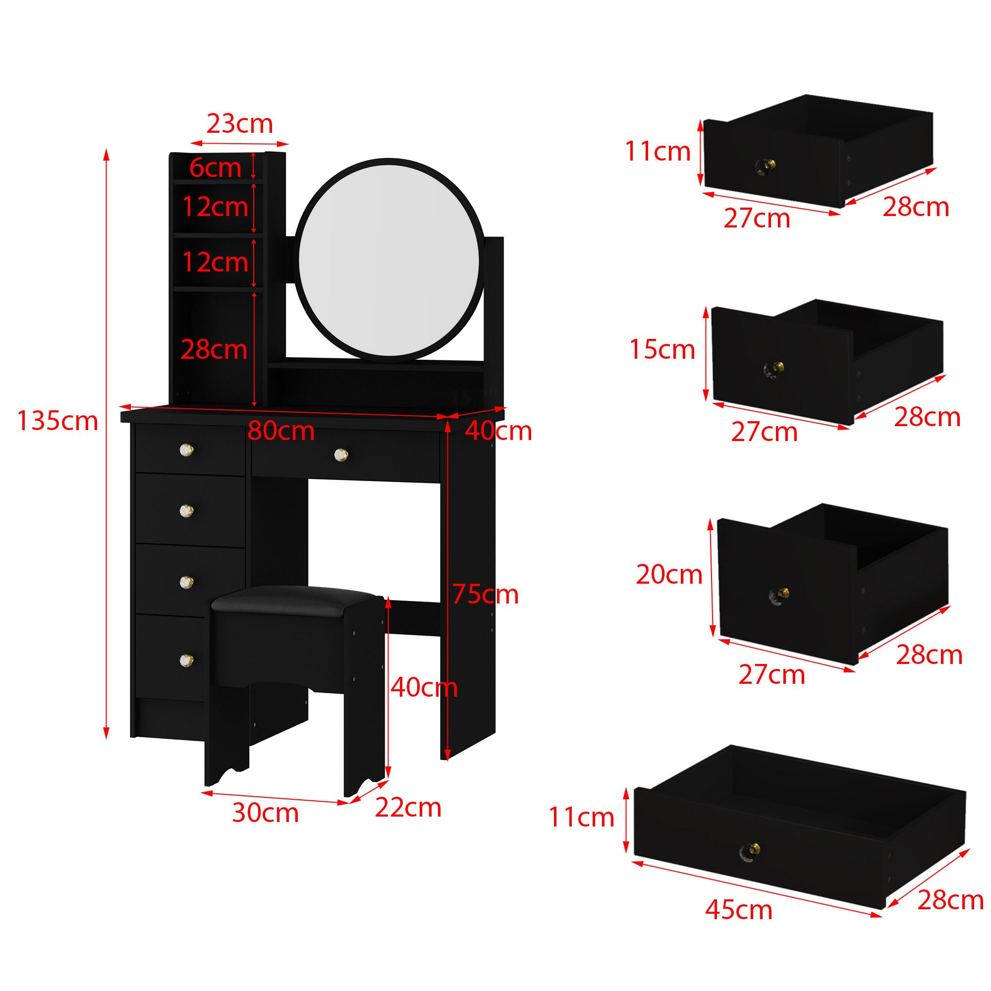 HOMSEE Schminktisch Schminktisch mit Spiegel & 5 Schubladen, Schwarz, MDF, 135x80x40cm (1-St), inklusive passendem Hocker, 4 offene Fächer