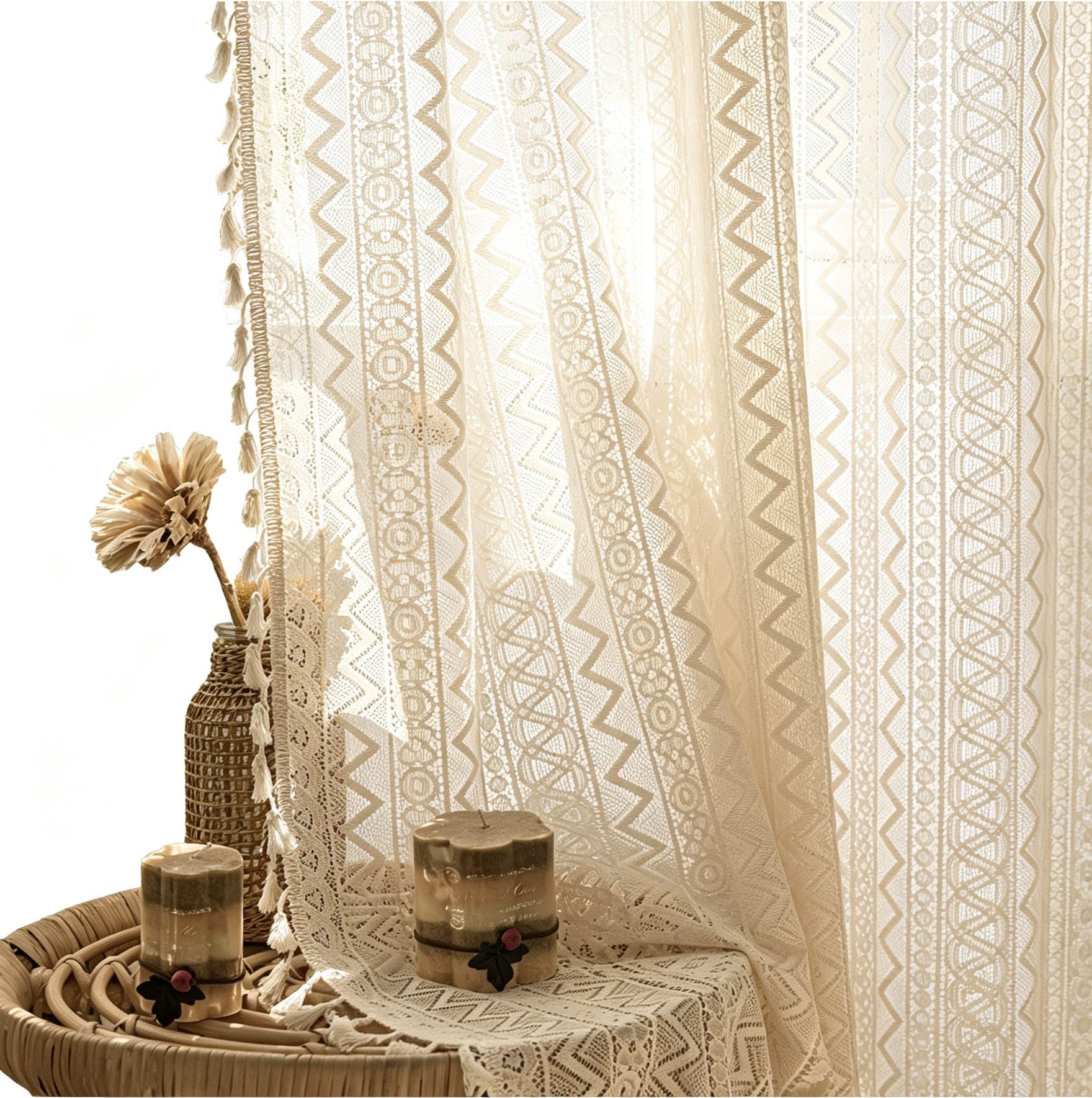 Agger Gardine Vintage-Häkelspitzen-Gardine, Boho-Fransen-Vorhang, Wellenförmiger Ösenvorhang aus Voile für Wohnzimmer und Schlafzimmer