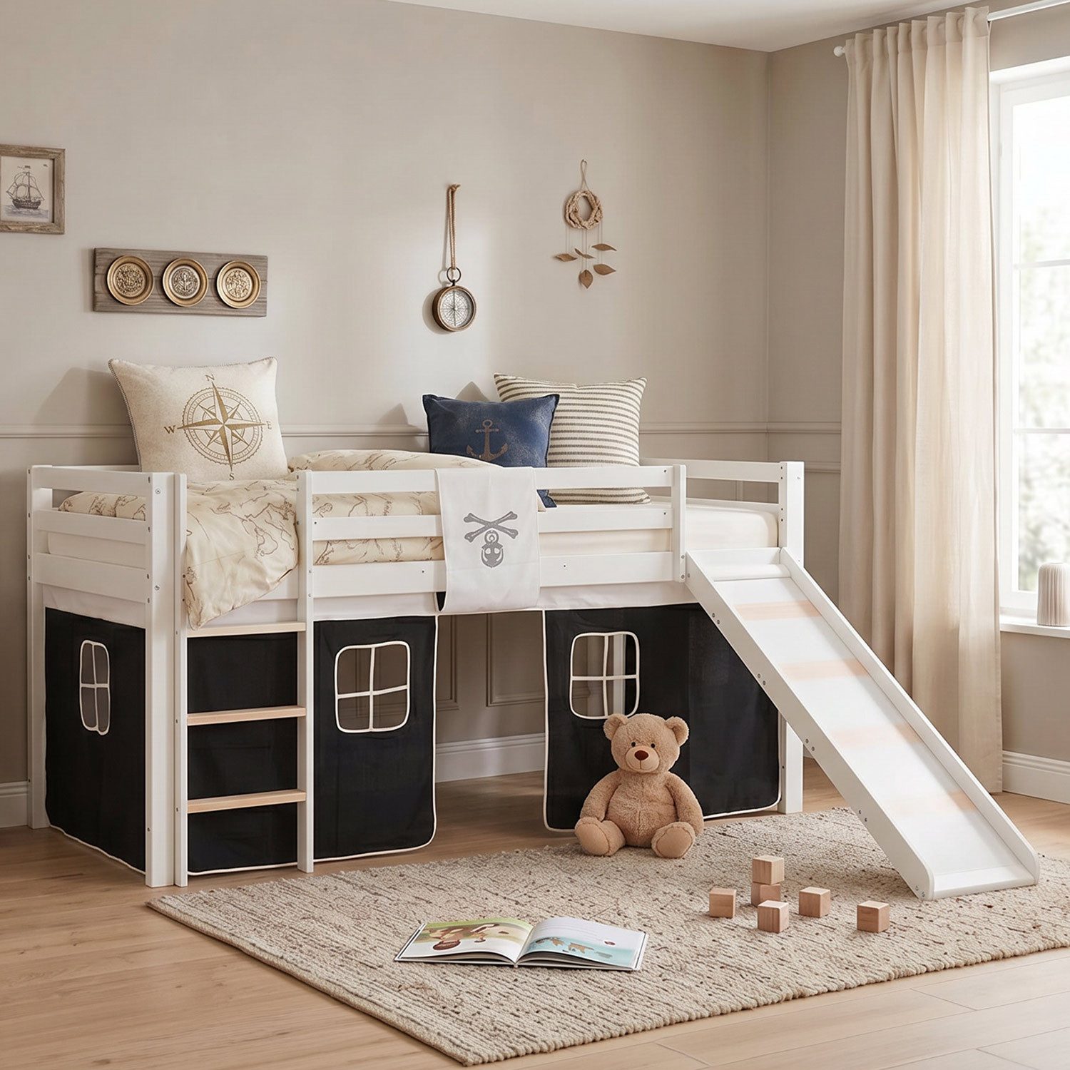 Homestyle4u Hochbett 90x200 cm Kinderbett Weiß mit Vorhang Kinder Treppe Leiter Kiefer Holz (Set, mit Lattenrost und Rutsche, Spielbett) Pirat, Junge Spielbett