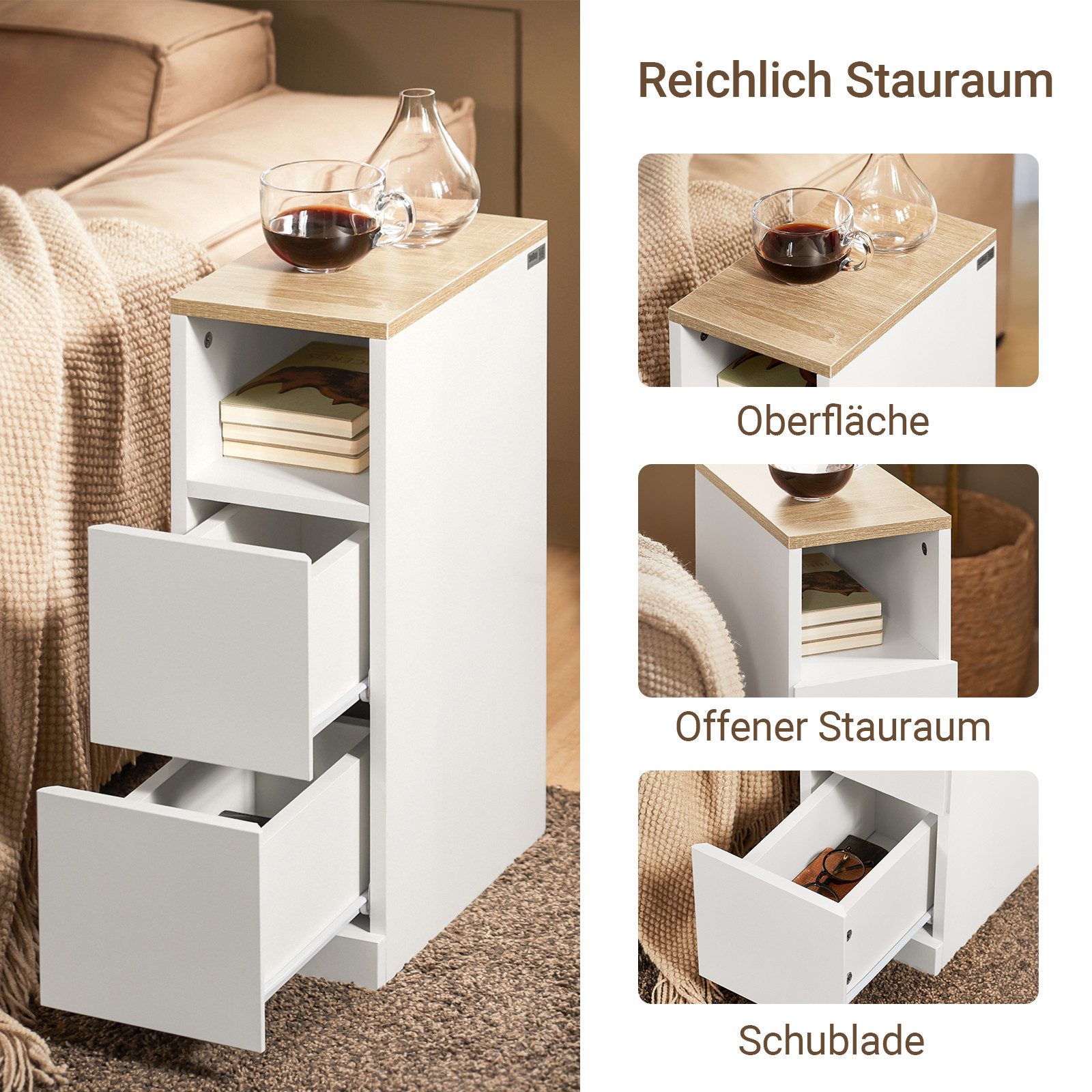 SoBuy Nachttisch FBT149, Nachtschrank mit 2 Schubladen und Ablage, 1/2er set, Beistelltisch Nachttisch schmal Sofatisch Nachtkommode Schlafzimmer