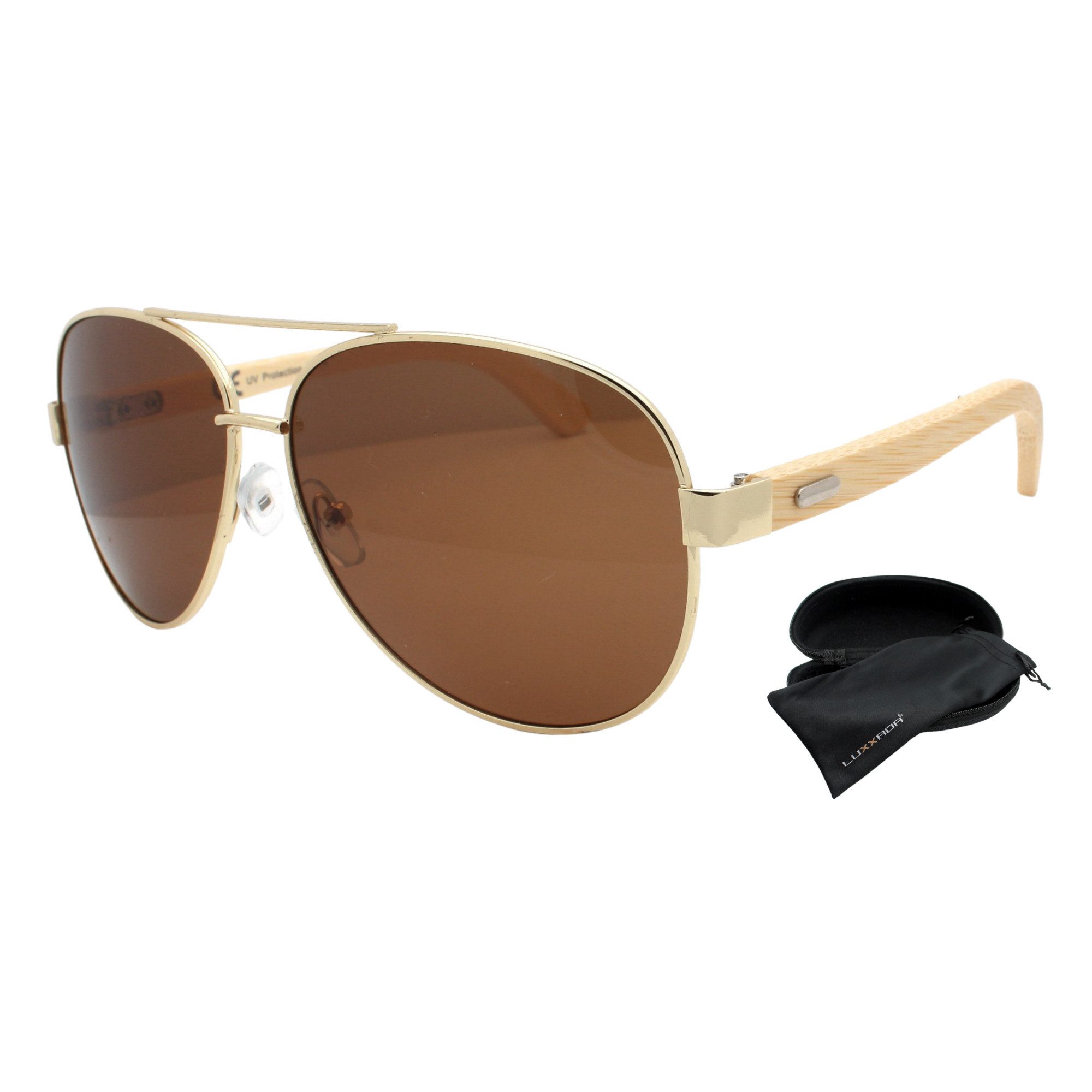 LUXXADA Sonnenbrille (Unisex Piloten Brille Gold mit Hardcase und Brillenbeutel) Pilotenbrille mit braune Gläser Polarisiert und Bambus Bügeln