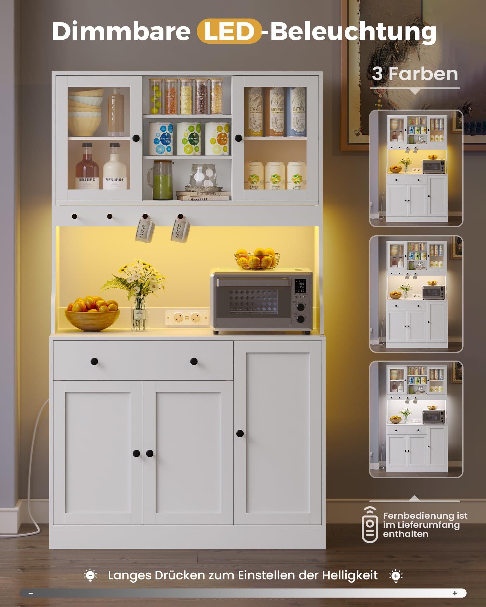 MSMASK Küchenbuffet Küchenschrank Sideboard mit LED, Arbeitsplatte,Schubladen Verstellbaren Ablagen, Großer Stauraum, Weiß, 180cm hoch