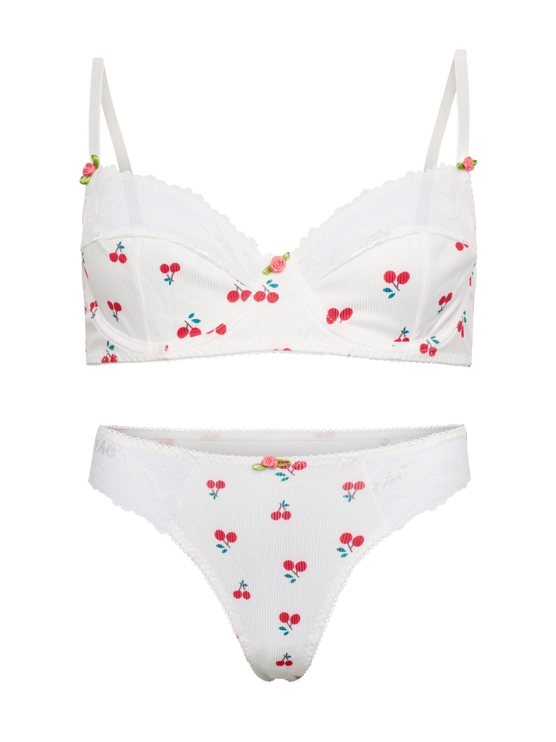Elegant Love Set: Bügel-BH Sexy Dessous-Set mit Kirschmuster und Spitze – romantische Reizwäsche (Set, 2-tlg., mit String) Verspielte Lingerie – sinnliches BH-Set mit passendem Tanga-Slip